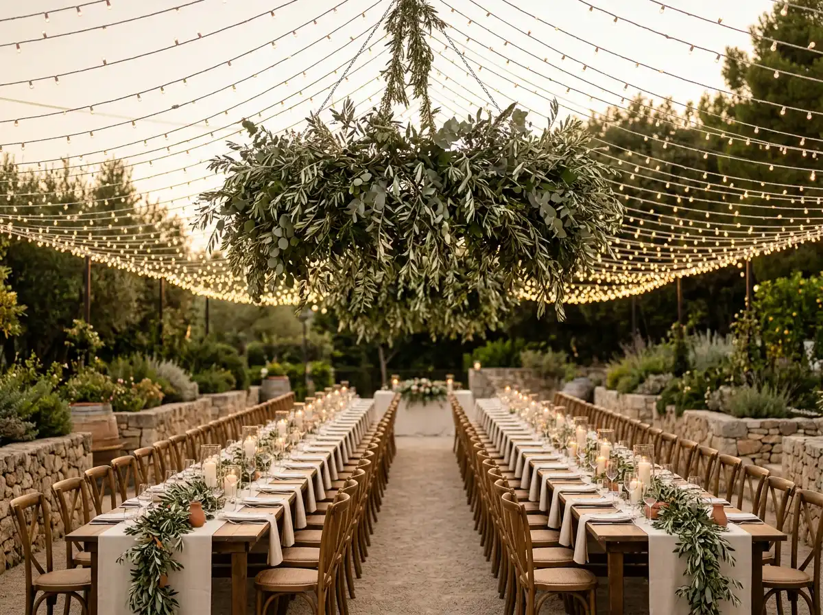 Rustic outdoor wedding reception with long banquet tables under string lights and greenery chandelier