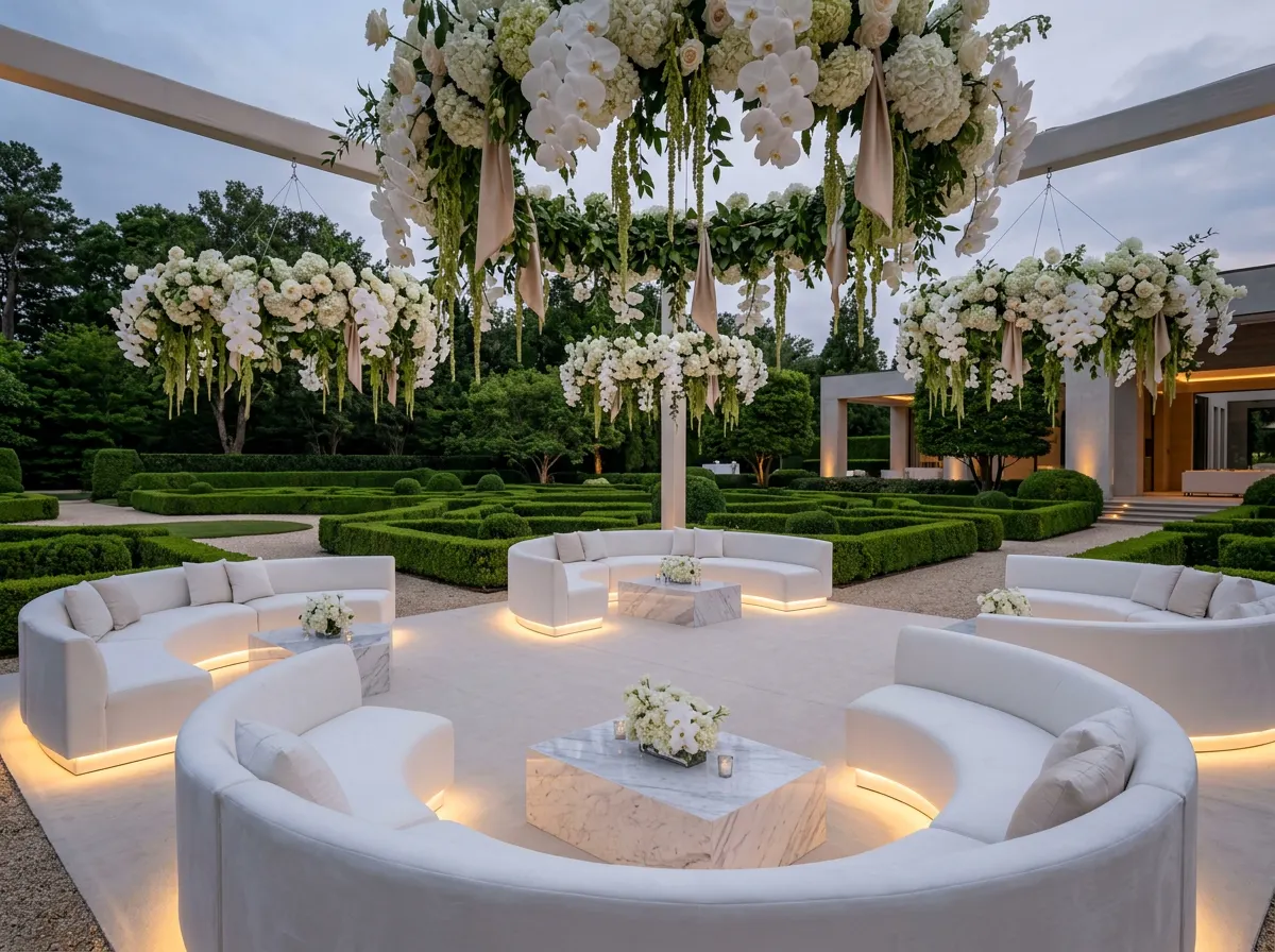 Luxury white lounge seating area with orchid floral installations in a formal garden