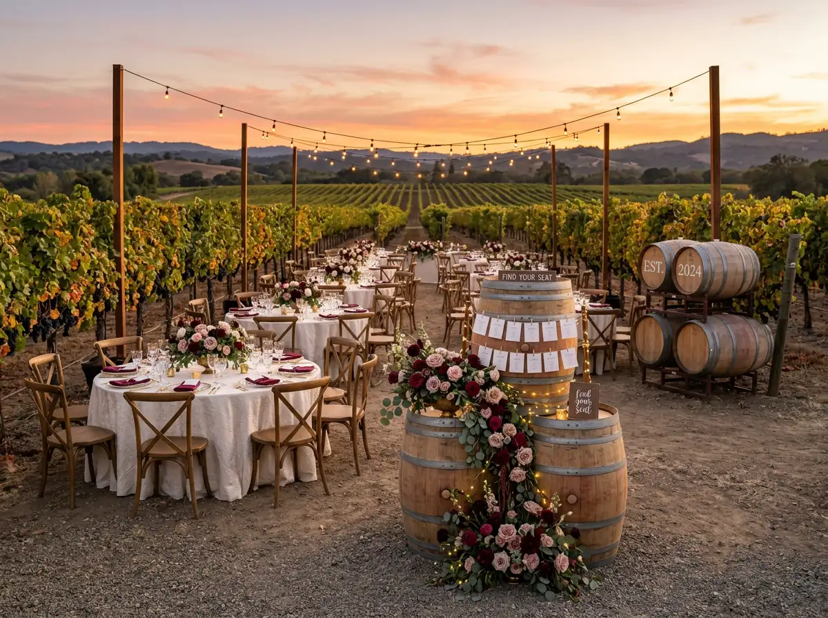 Vineyard wedding reception at sunset with round tables and wine barrel seating chart