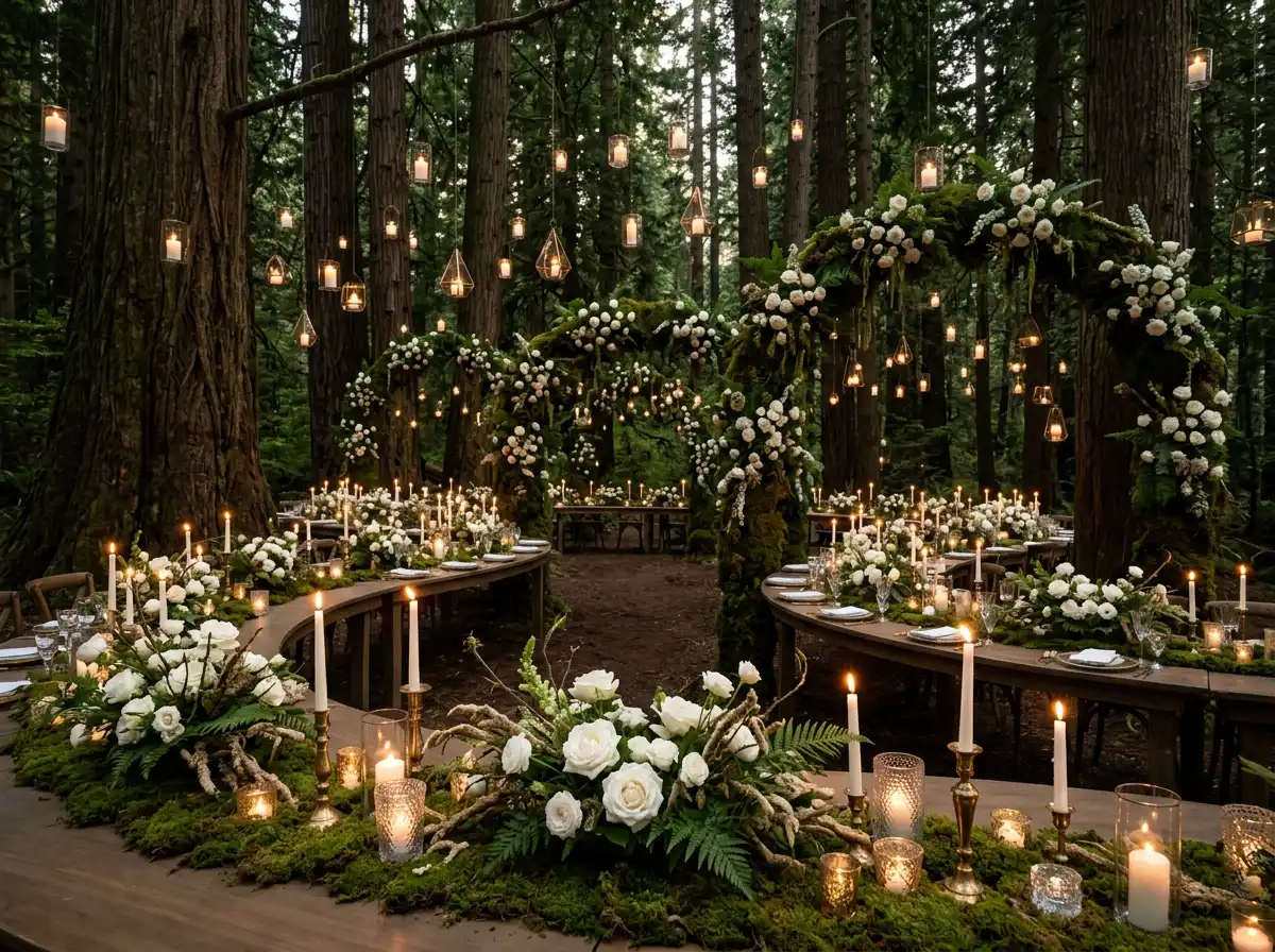 Enchanted forest wedding reception with candles and white roses among redwood trees