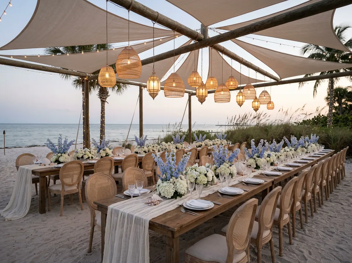 Beachfront wedding dinner with rattan lanterns and blue delphinium centerpieces