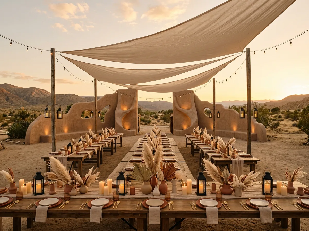 Desert boho wedding reception with pampas grass and adobe wall backdrop