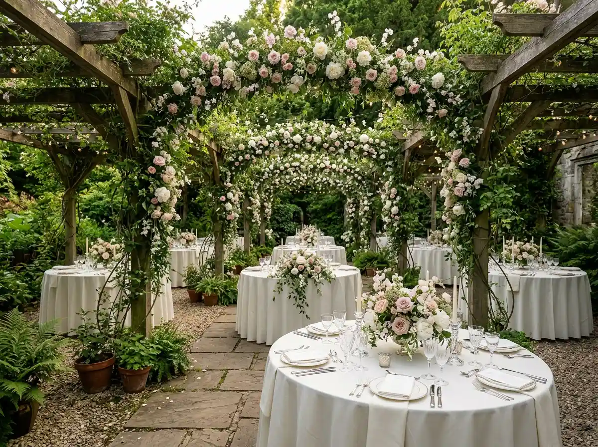 Secret garden wedding reception under rose-covered pergola with round tables