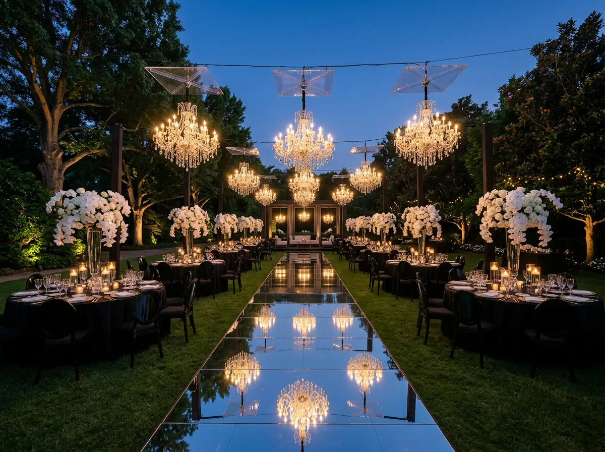 Black-tie outdoor wedding with crystal chandeliers and mirrored aisle on lawn