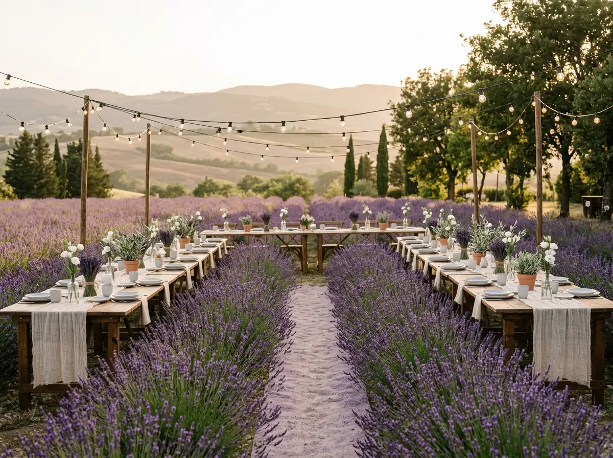 Lavender field wedding reception with rustic wooden tables and string lights