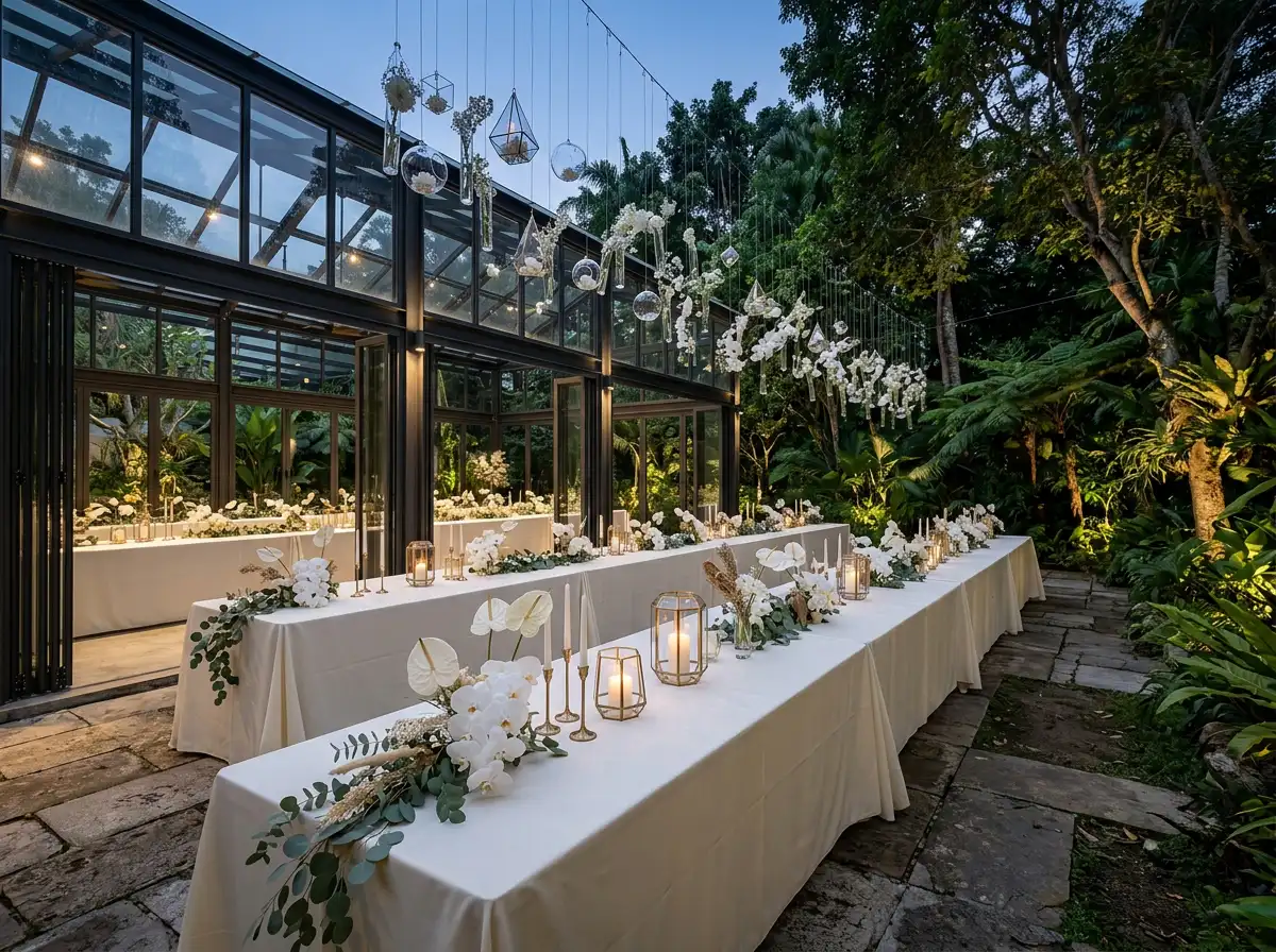 Modern greenhouse wedding reception with hanging terrariums and orchid decor