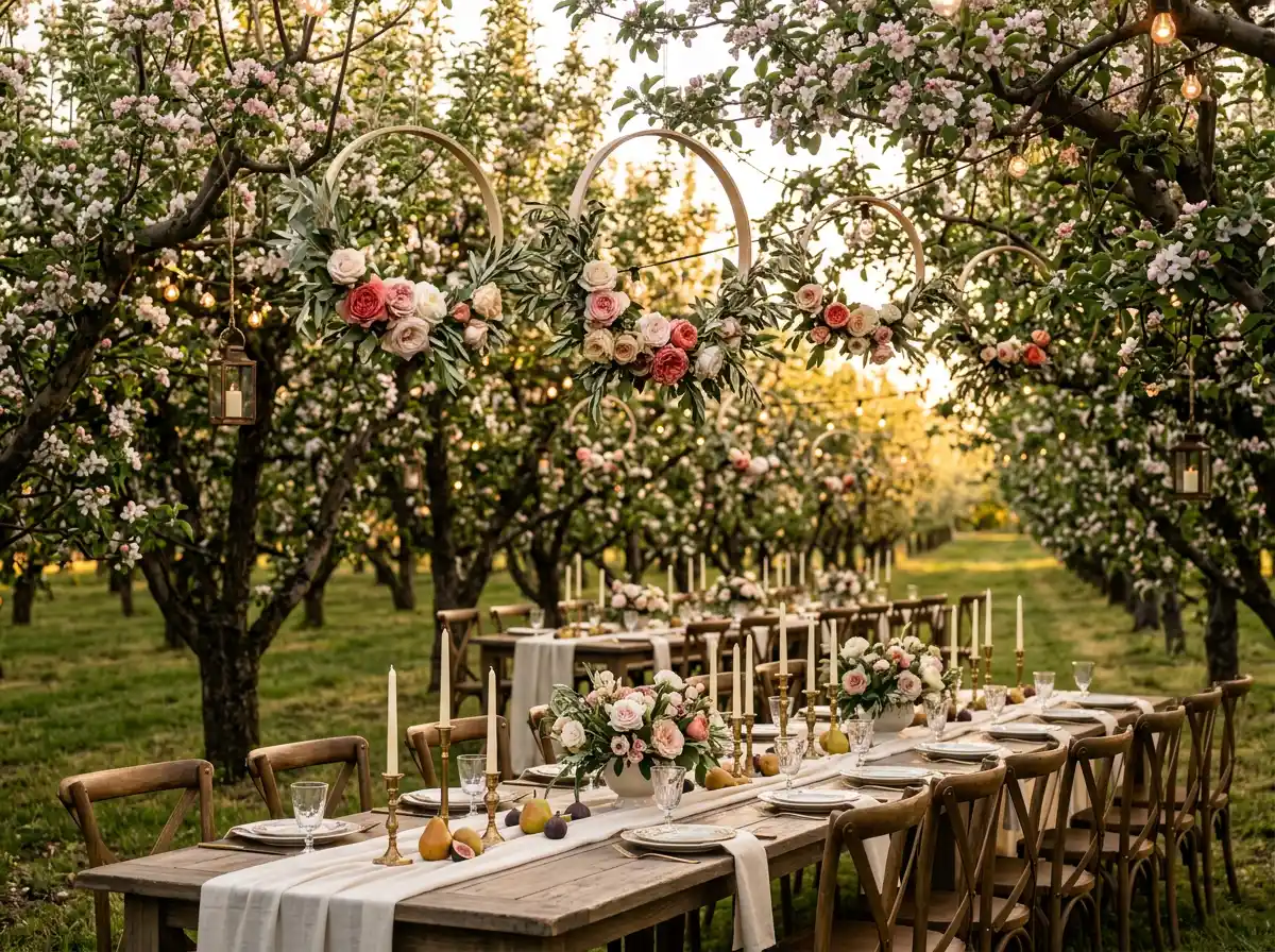 Orchard wedding reception with floral hoop installations and blossom trees