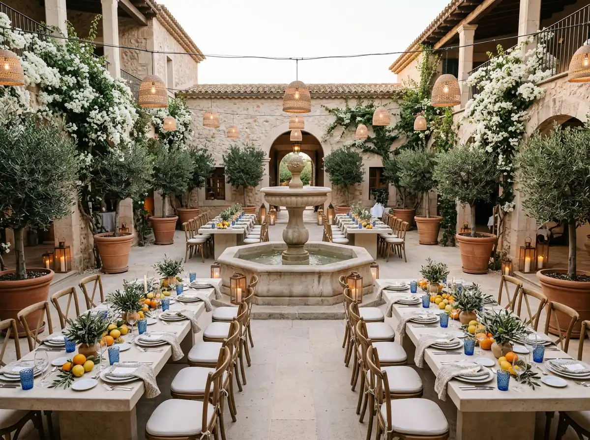 Mediterranean courtyard wedding with stone fountain and citrus table decor