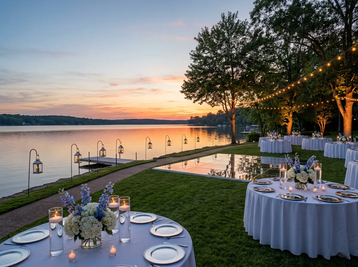 Lakeside wedding reception at golden hour with lantern-lined dock