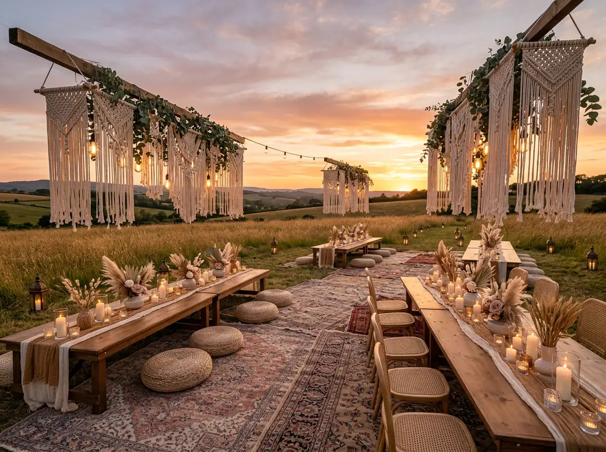 Bohemian meadow wedding with macrame hangings and layered rugs at sunset