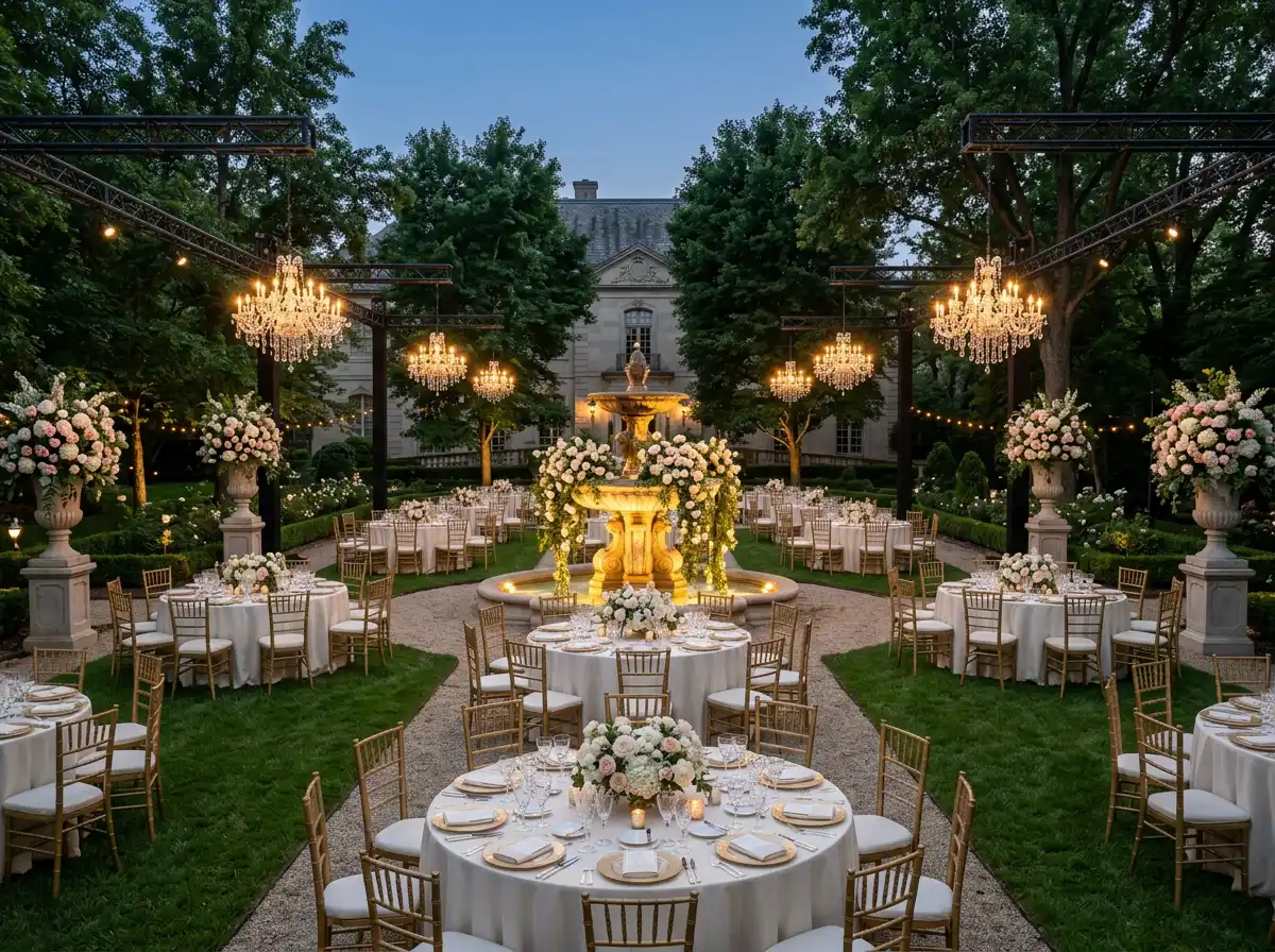 Estate garden wedding with crystal chandeliers and fountain centerpiece