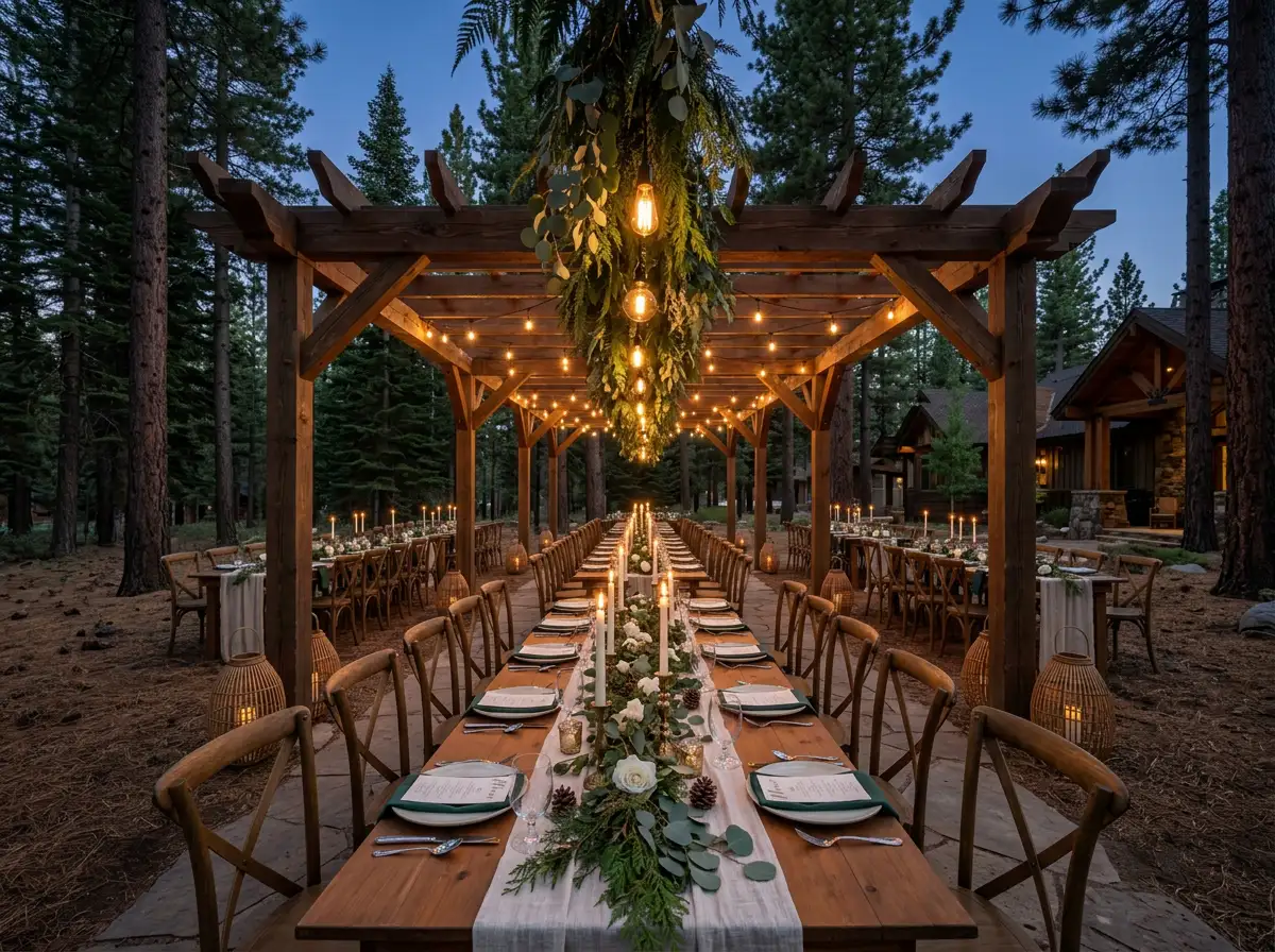 Mountain lodge wedding reception under wooden pergola with pine forest backdrop