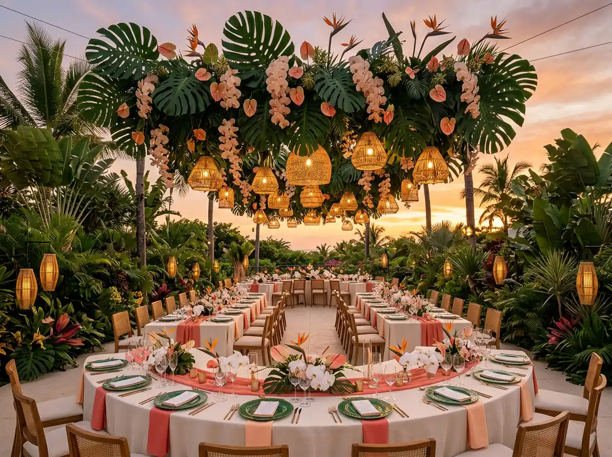 Tropical wedding reception with monstera leaf canopy and rattan lanterns