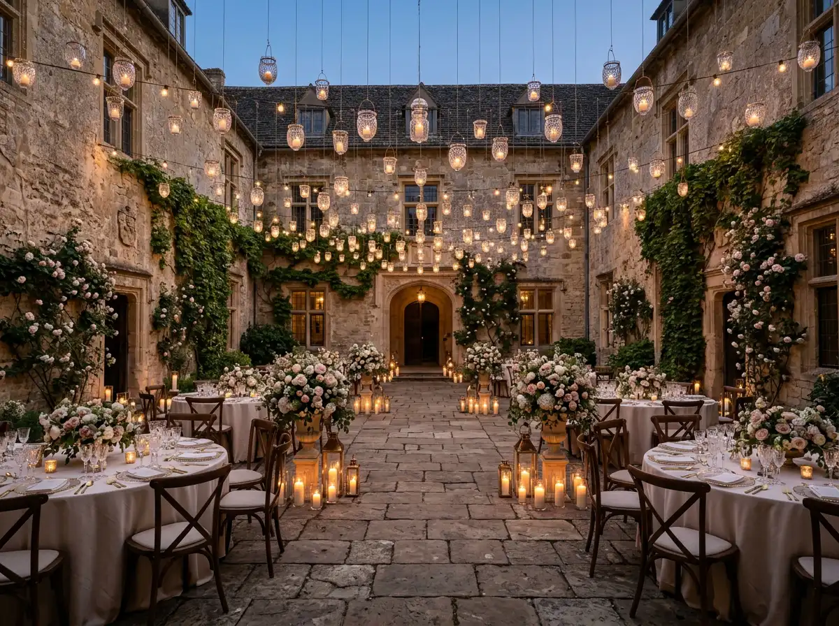 Historic castle courtyard wedding with hanging lanterns and candlelit tables