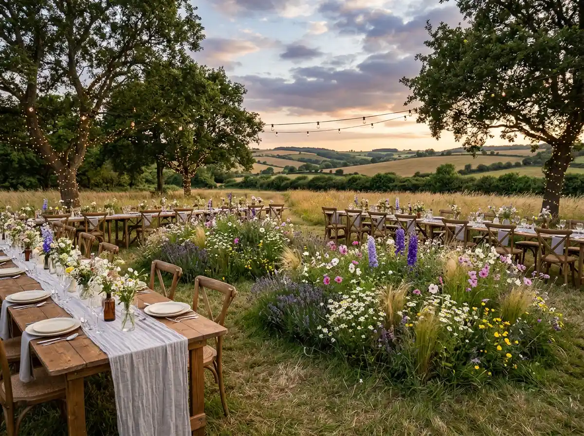 Wildflower meadow wedding reception with rustic tables and countryside views