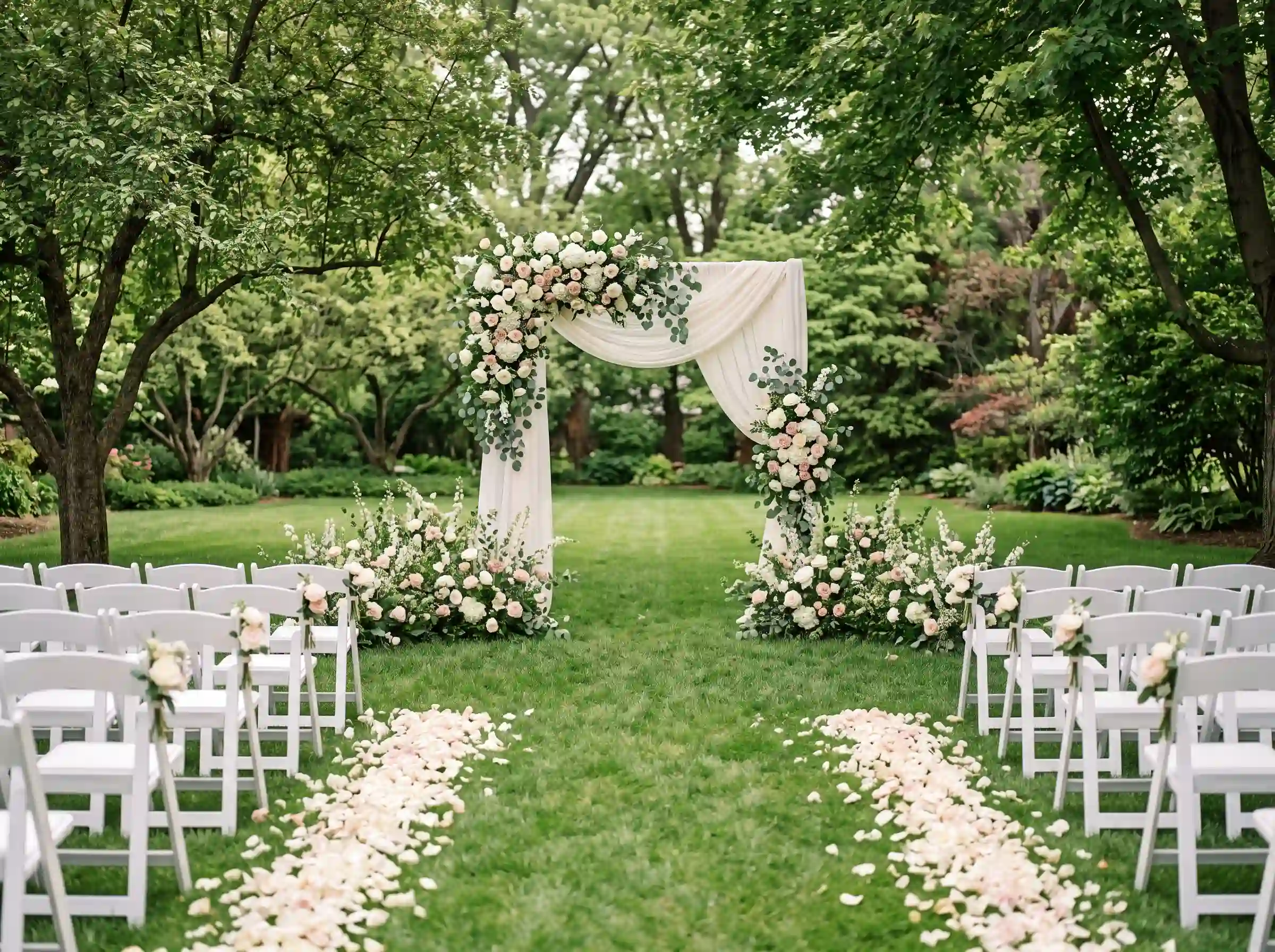 Romantic backyard garden wedding ceremony with a floral arbor draped in ivory fabric, blush and white roses, eucalyptus greenery, rose petal aisle, and white folding chairs surrounded by lush green trees