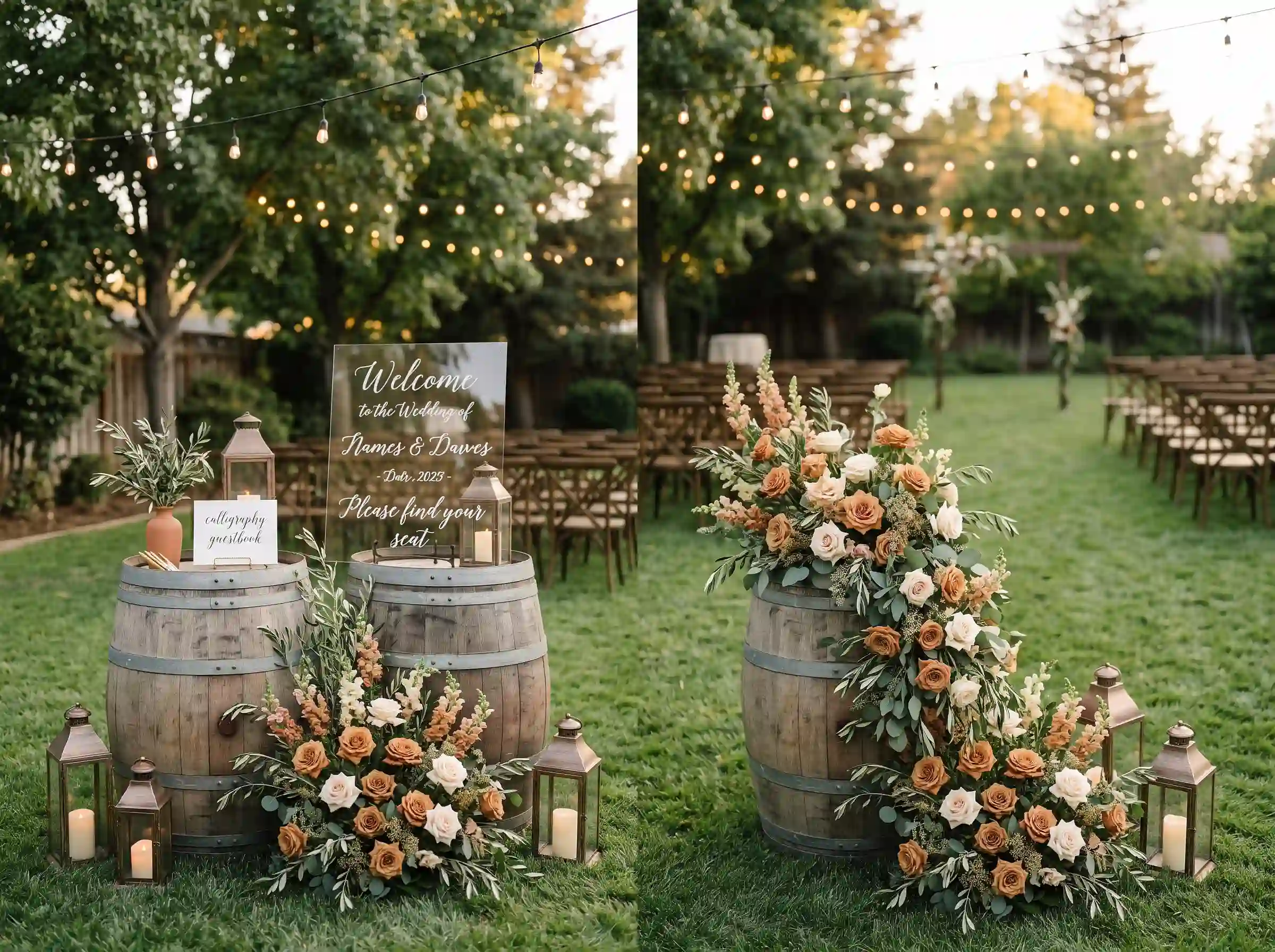 Vineyard-inspired backyard wedding welcome lounge with wine barrels, calligraphy welcome sign, cascading terracotta and cream rose arrangements, copper lanterns, and bistro string lights over cross-back wooden chairs