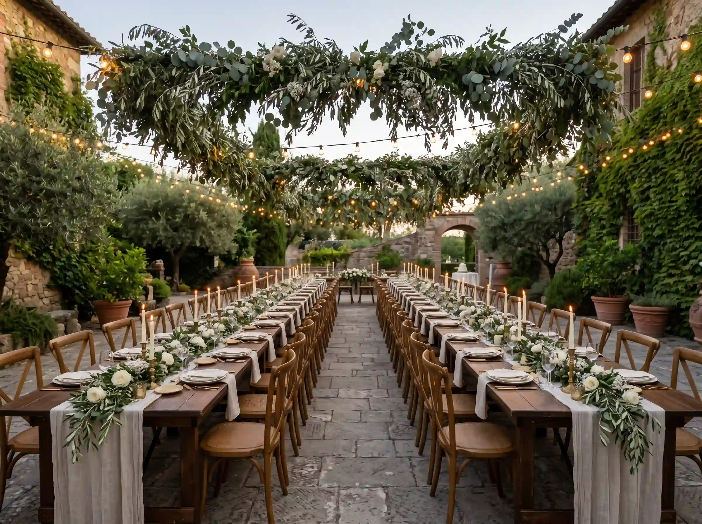 Tuscan-inspired courtyard wedding reception with long tables, eucalyptus and olive branch overhead greenery installation, stone walls, taper candles, white flowers, and warm bistro string lights at golden hour