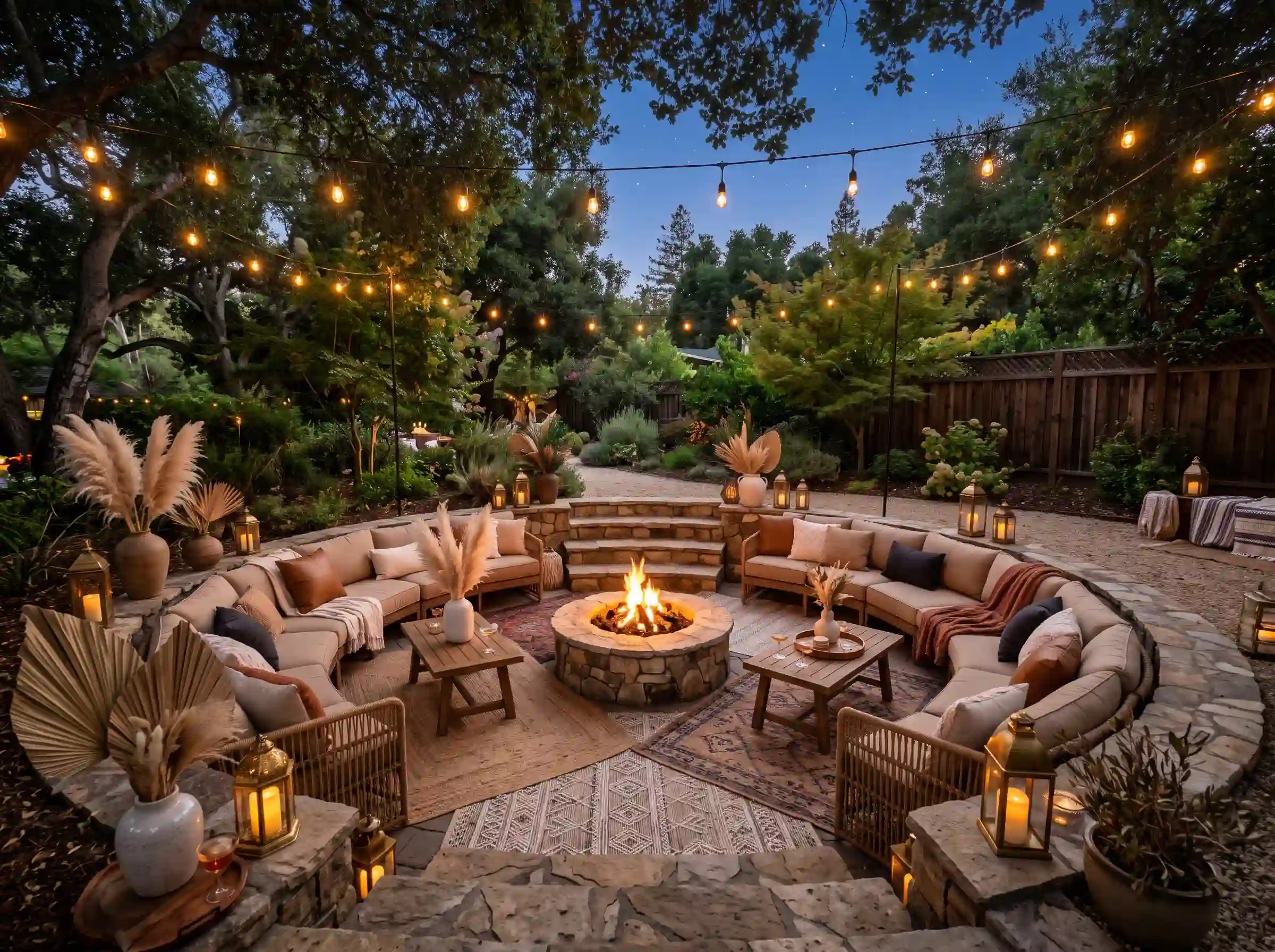 Bohemian backyard wedding fire pit lounge with curved stone seating, plush cushions, pampas grass arrangements, vintage rugs, iron lanterns, and warm bistro lights under mature oak trees at night