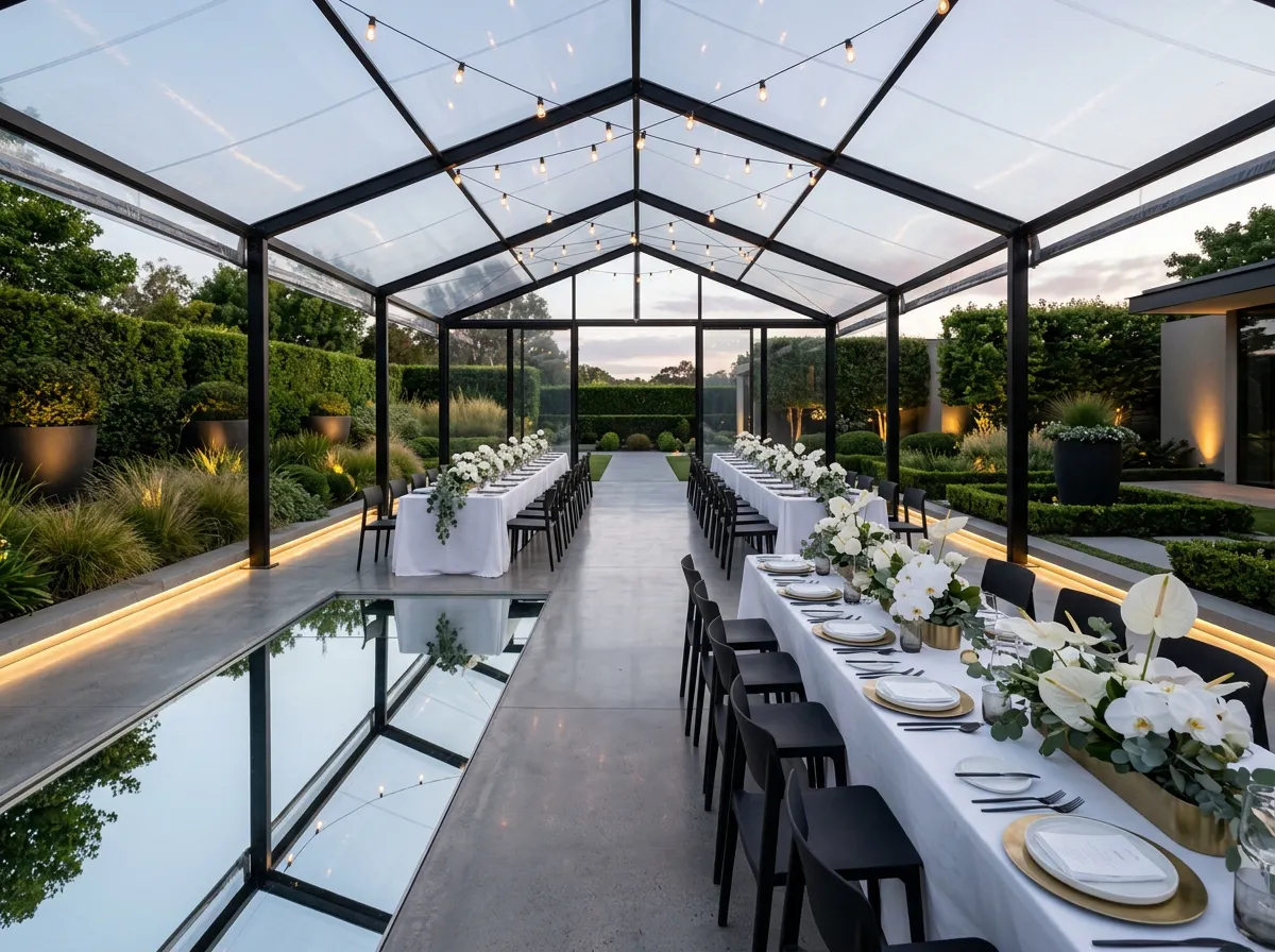 Modern glass marquee wedding reception with minimalist black and white design