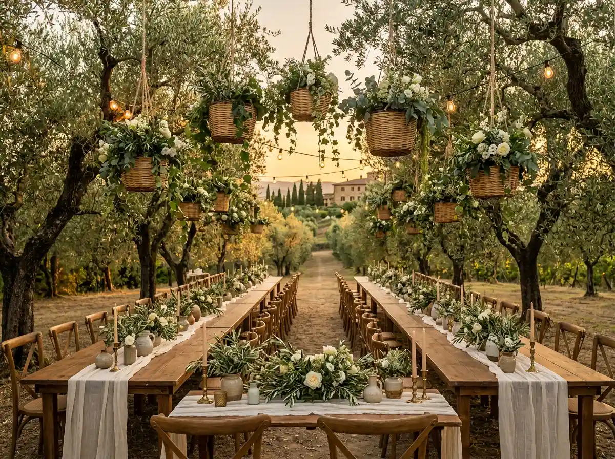 Tuscan olive grove wedding with hanging baskets and farmhouse tables
