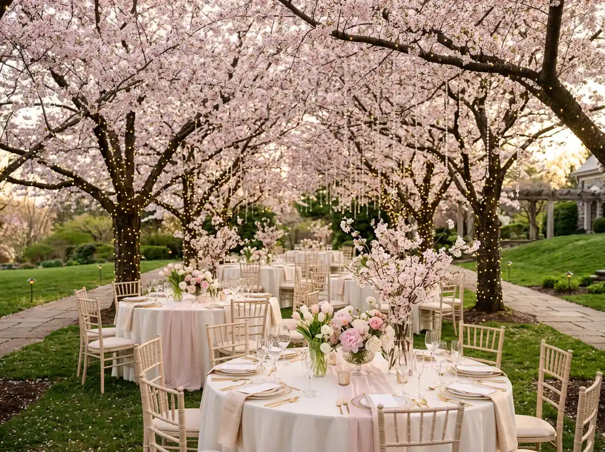 Cherry blossom garden wedding reception with pink and gold table settings