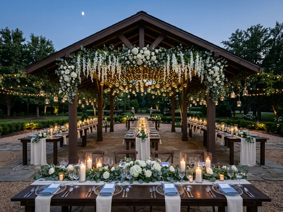 Pavilion wedding reception with wisteria and glowing orb decorations