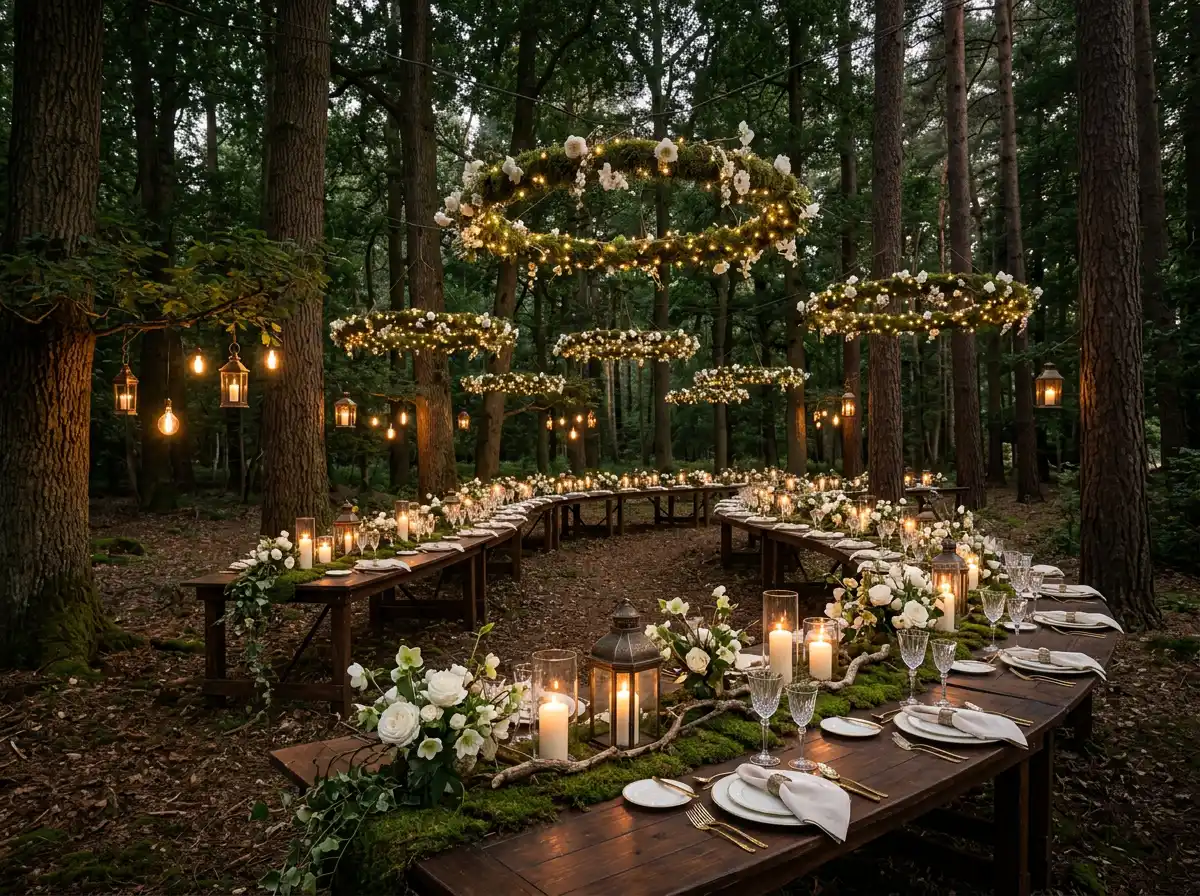 Woodland fairy-tale wedding with moss-covered tables and floral chandeliers