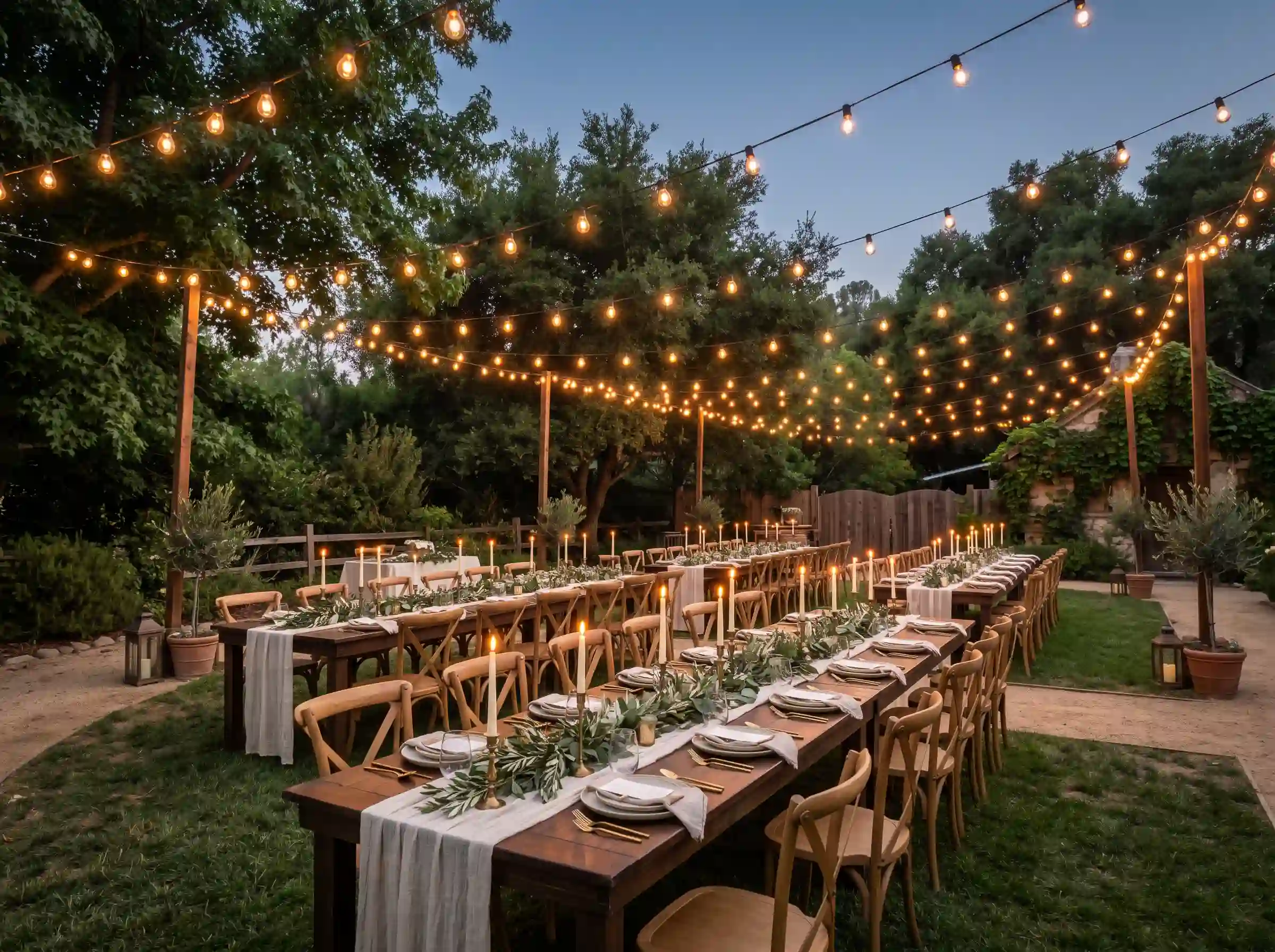 Backyard wedding reception beneath a canopy of warm bistro string lights at dusk, with long farm tables, cross-back chairs, eucalyptus garland runners, taper candles, and lanterns on a lush green lawn