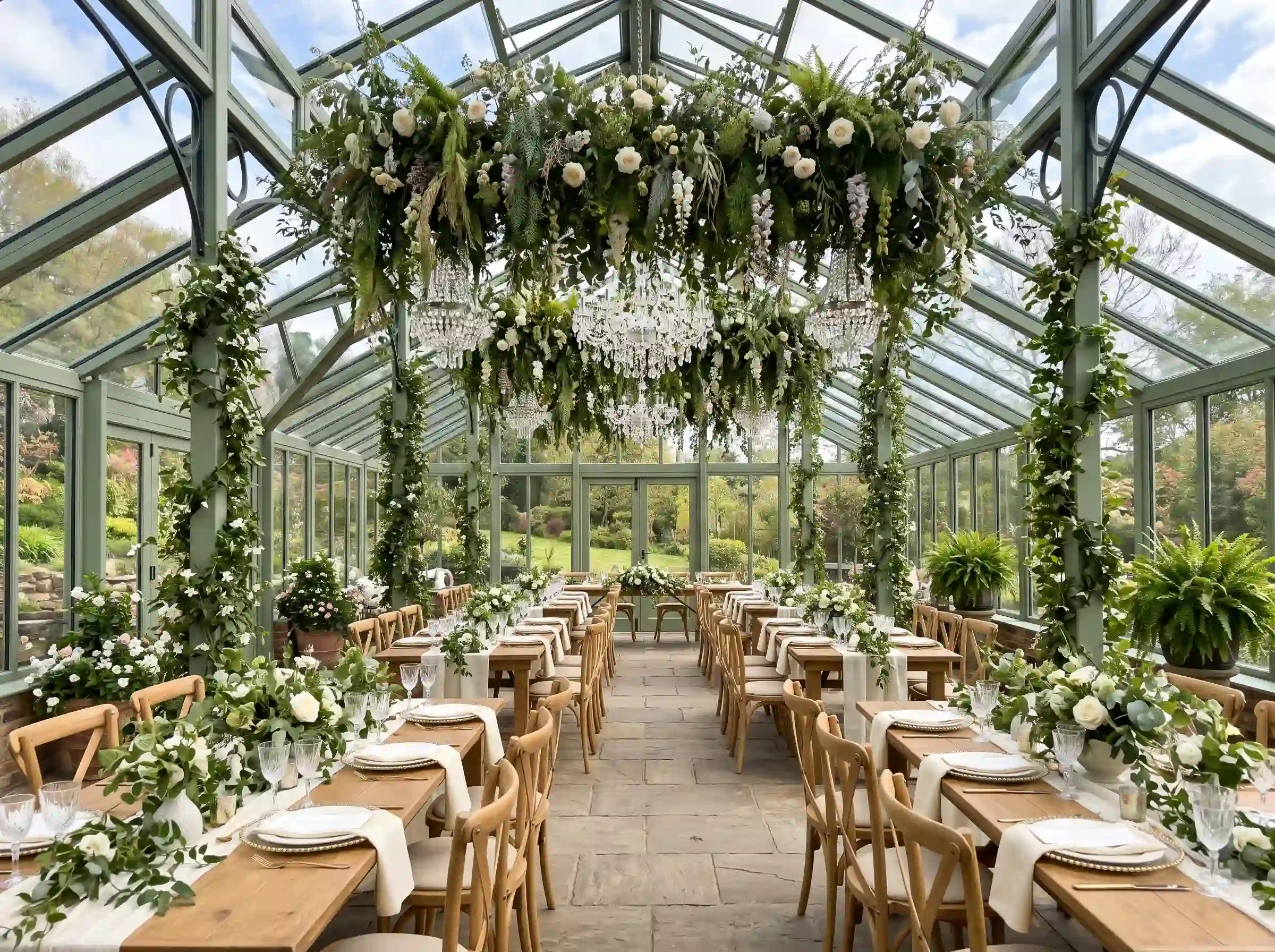 Glass greenhouse backyard wedding reception with sage green iron frame, hanging floral installation with ferns, roses, and crystal chandeliers, ivy-wrapped columns, wooden farm tables, and natural stone flooring