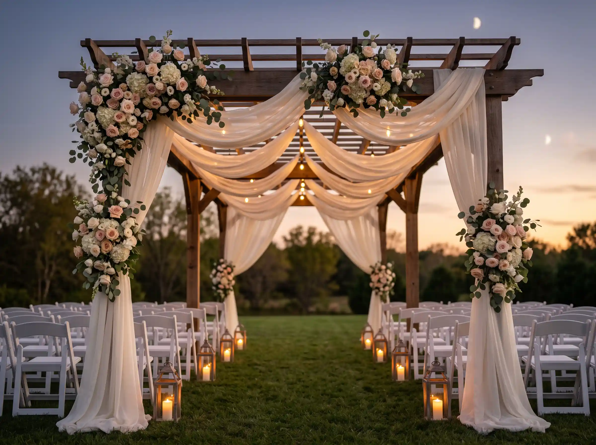 Twilight backyard wedding ceremony under a wooden pergola with blush and white floral arrangements, flowing white drapery, lantern-lined aisle, white chairs, and a crescent moon in the dusky sky