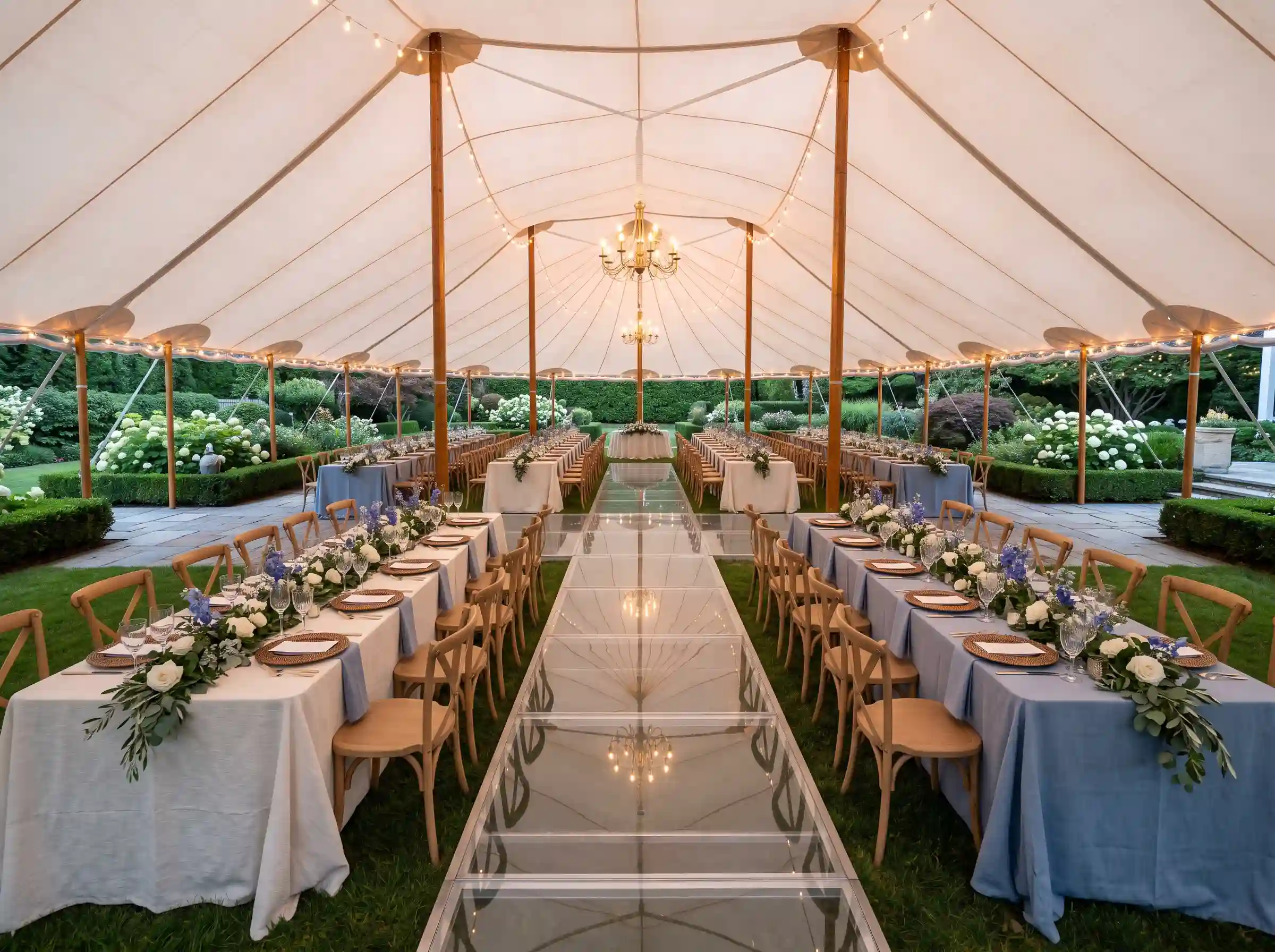Elegant sailcloth tent backyard wedding reception with mirrored glass runway aisle, chandelier, blue and white table settings, wooden cross-back chairs, and lush garden hedges visible through open tent sides