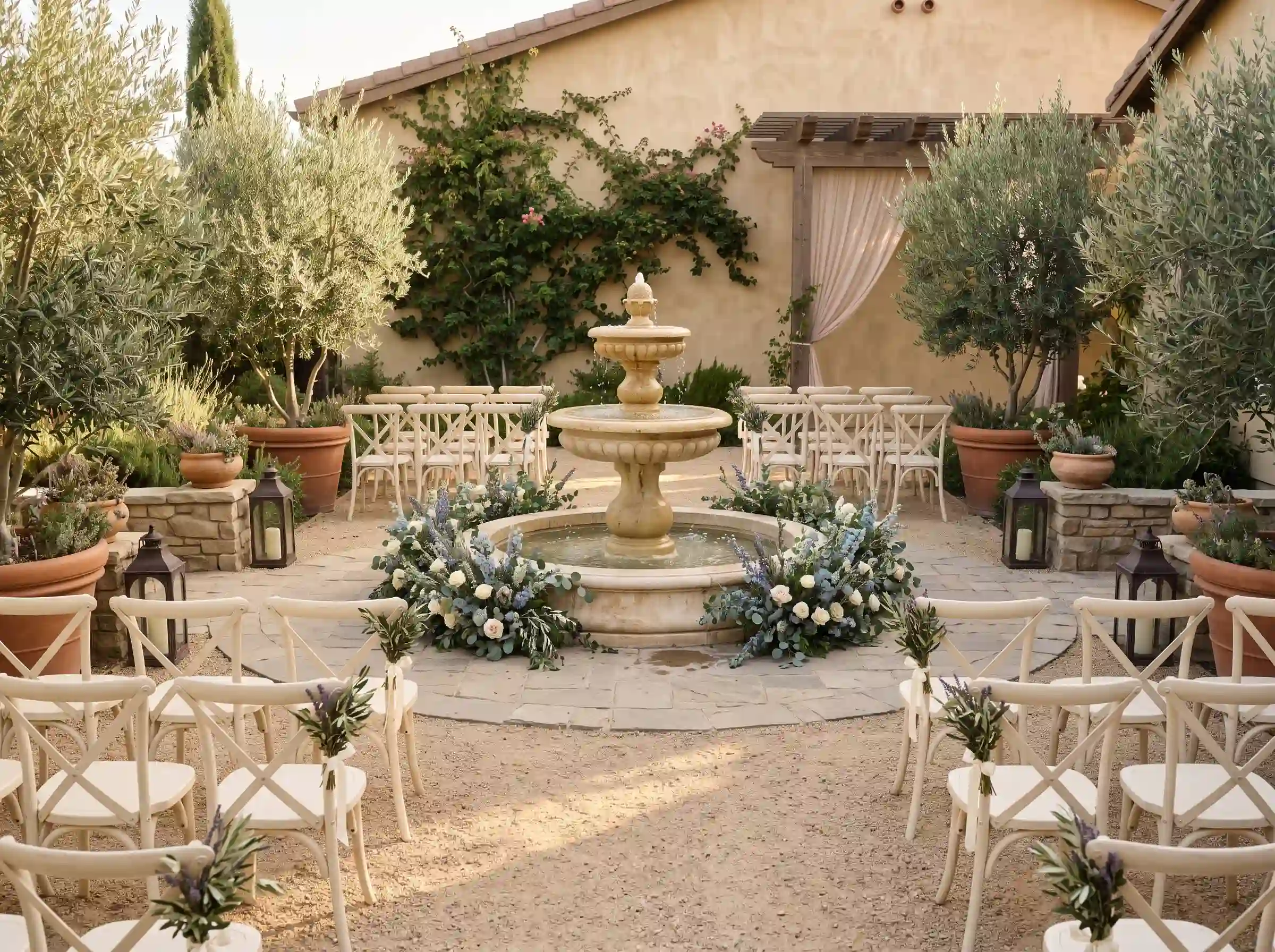 Mediterranean-style backyard courtyard wedding ceremony with a tiered stone fountain centerpiece, lavender and eucalyptus floral arrangements, cross-back chairs, olive trees in terra cotta pots, and iron lanterns