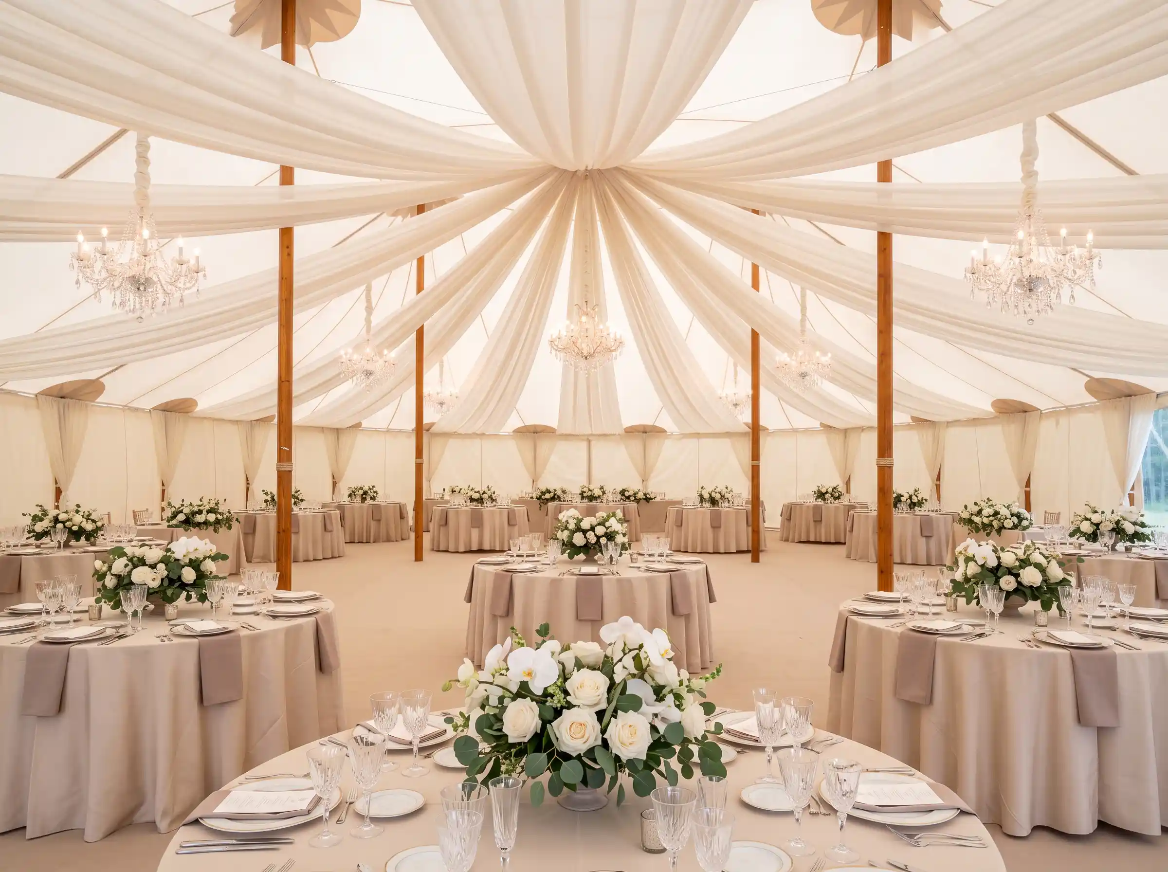 Luxury backyard wedding tent reception with flowing white drapery, crystal chandeliers, round tables with champagne linens, white orchid and rose centerpieces, and warm ambient lighting