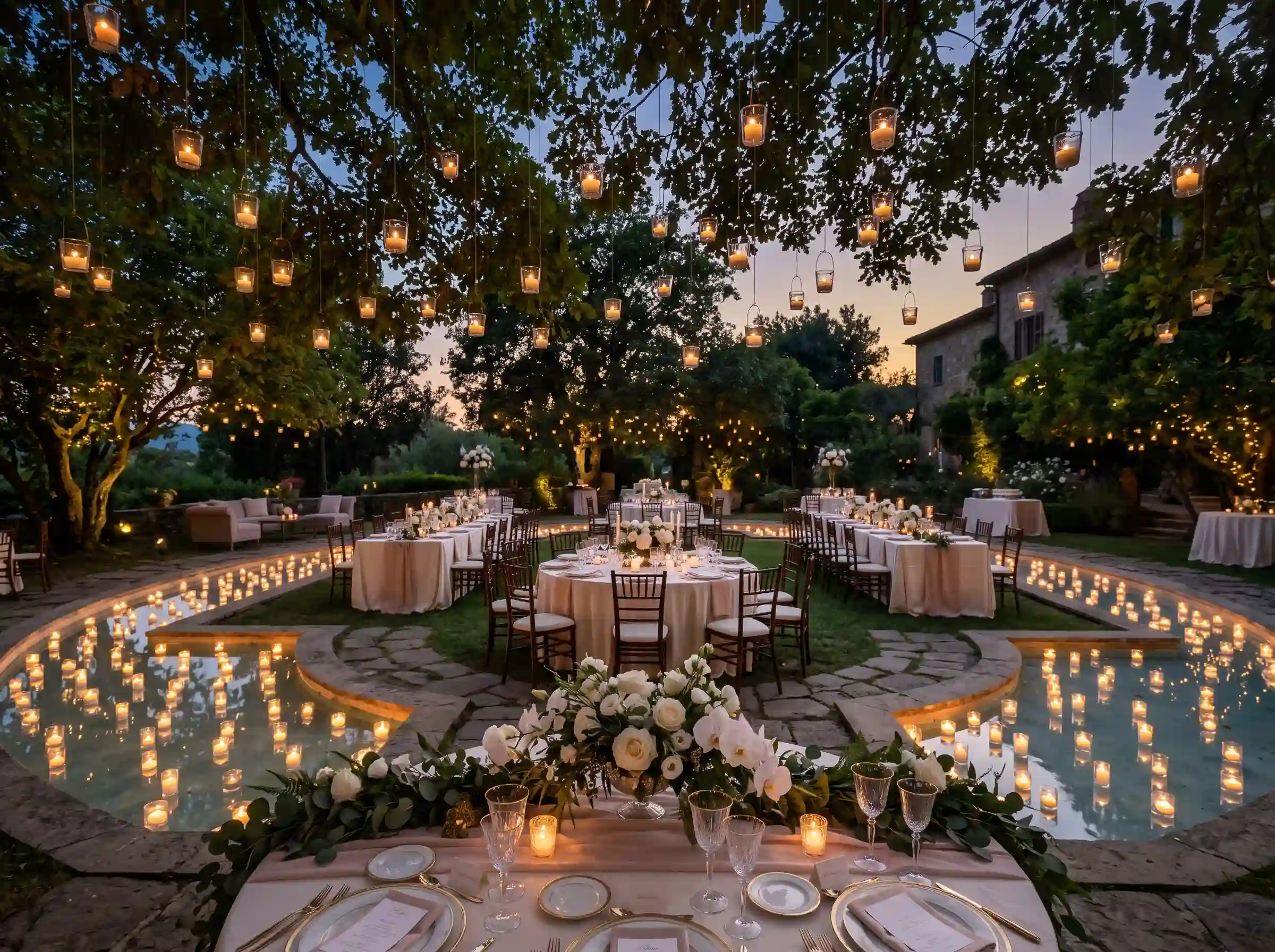 Enchanting backyard wedding reception at twilight with floating candles in a pool and hanging glass votives from trees, round tables with white linens, white orchid centerpieces, and romantic candlelit ambiance