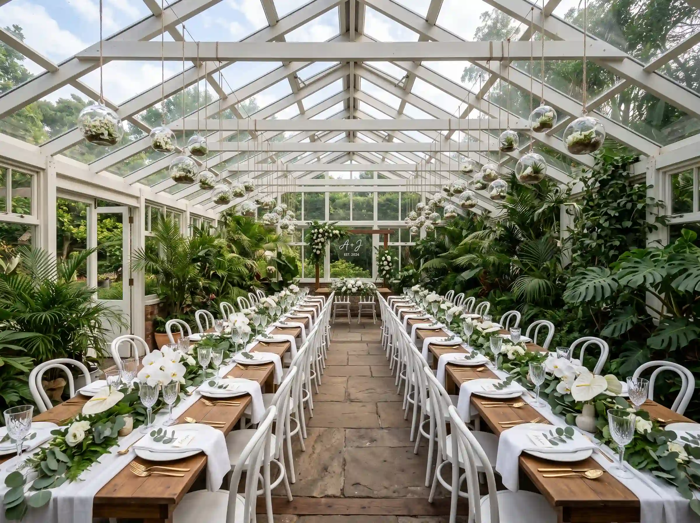 Bright botanical greenhouse wedding reception with white-framed glass ceiling, hanging glass terrariums, long wooden tables, white bentwood chairs, tropical plants, orchids, and gold cutlery place settings
