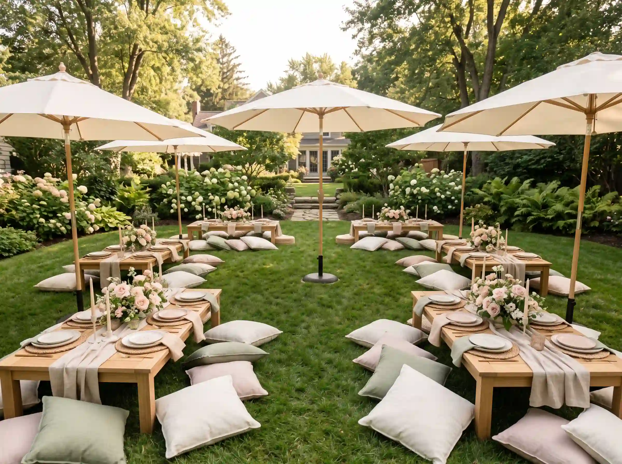 Luxury backyard picnic wedding with low wooden tables, linen runners, floor cushions in sage and blush, white market umbrellas, pink rose centerpieces, and ceramic place settings on a manicured green lawn