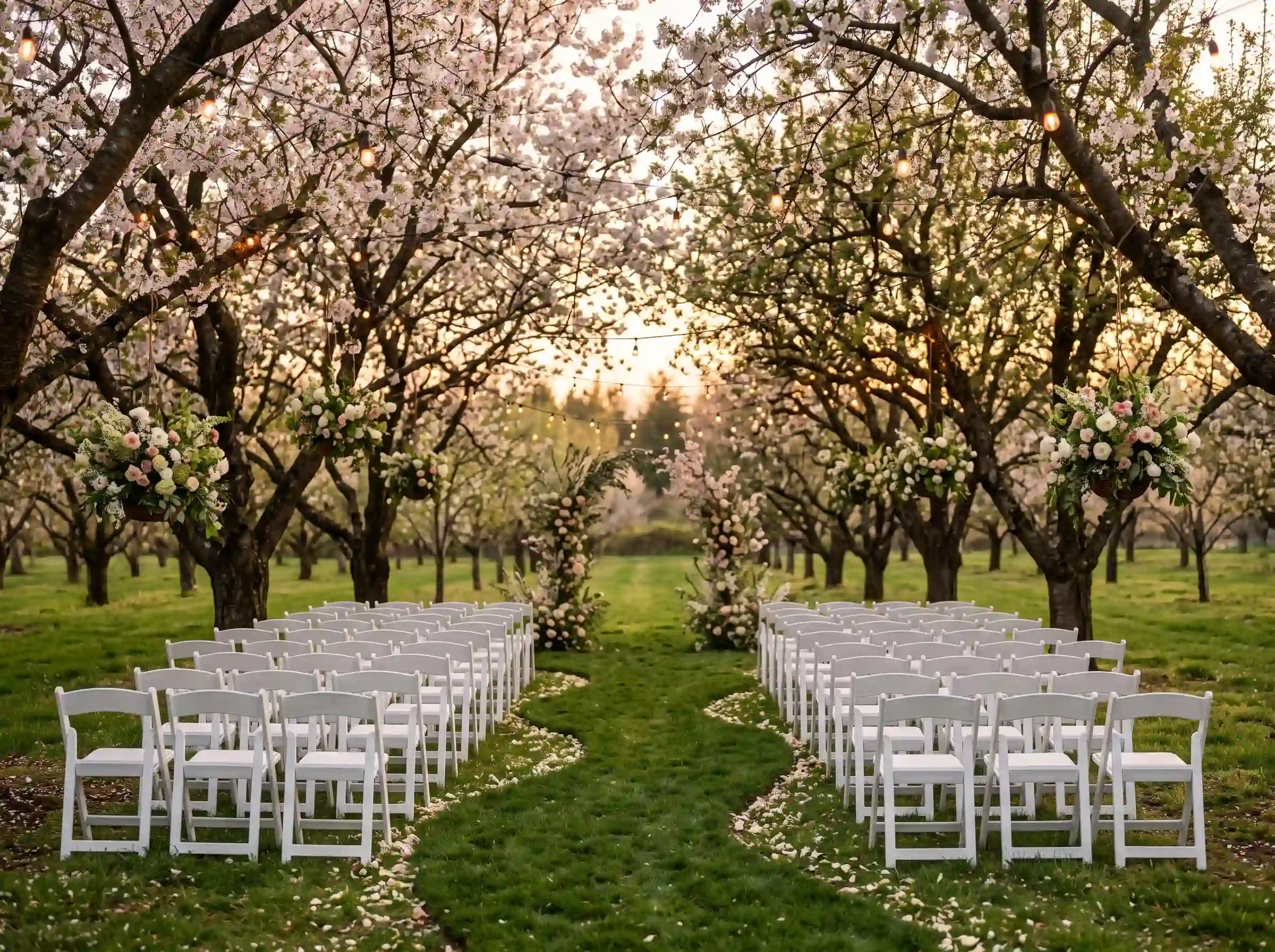 Dreamy backyard orchard wedding ceremony beneath blooming cherry blossom trees with white folding chairs, floral aisle arrangements, string lights, and a floral arch at the altar bathed in golden sunset light
