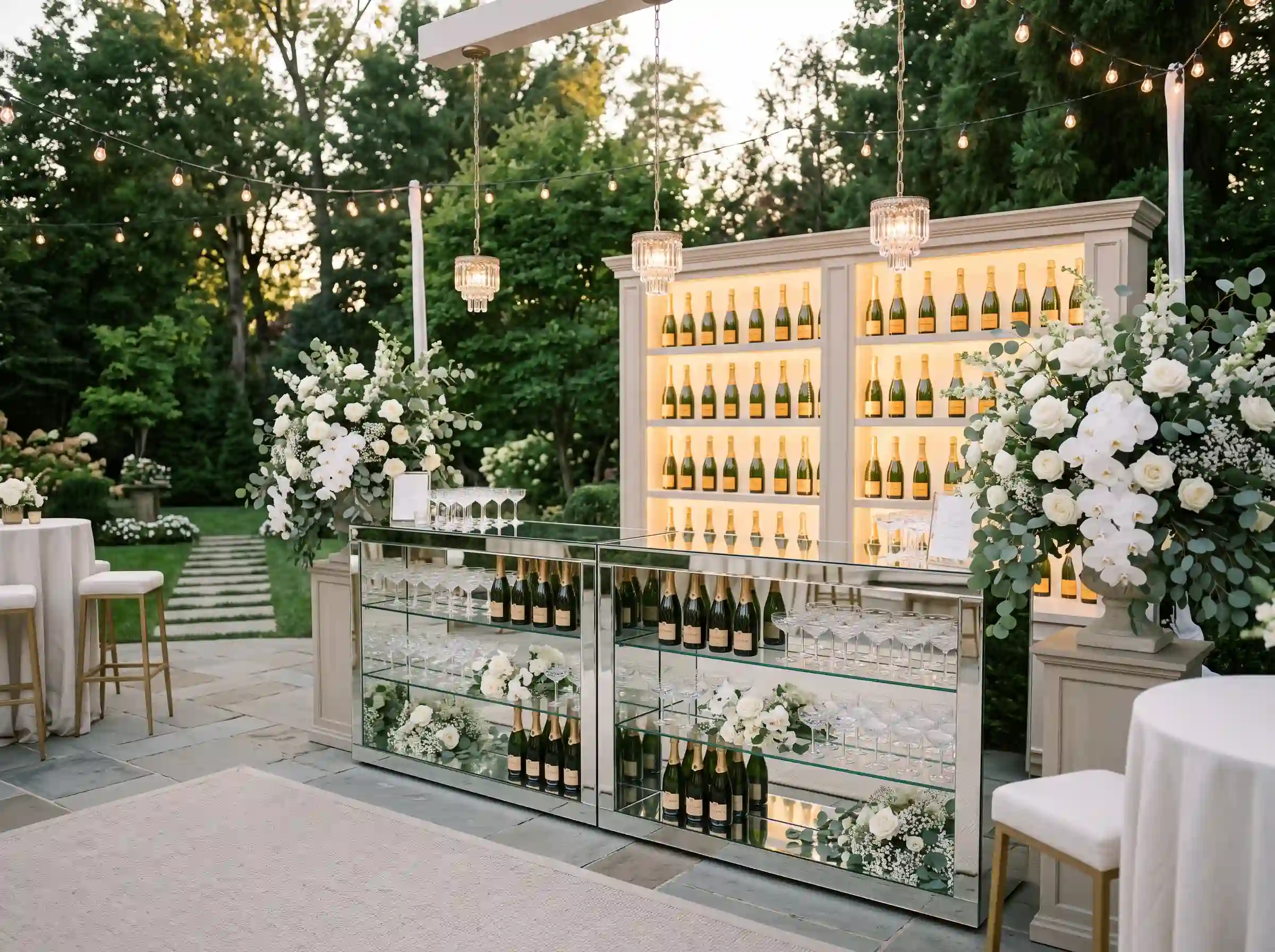 Elegant backyard wedding champagne bar with mirrored glass shelving, backlit champagne bottle display wall, crystal pendant lights, white rose and eucalyptus arrangements, cocktail tables, and bistro lights