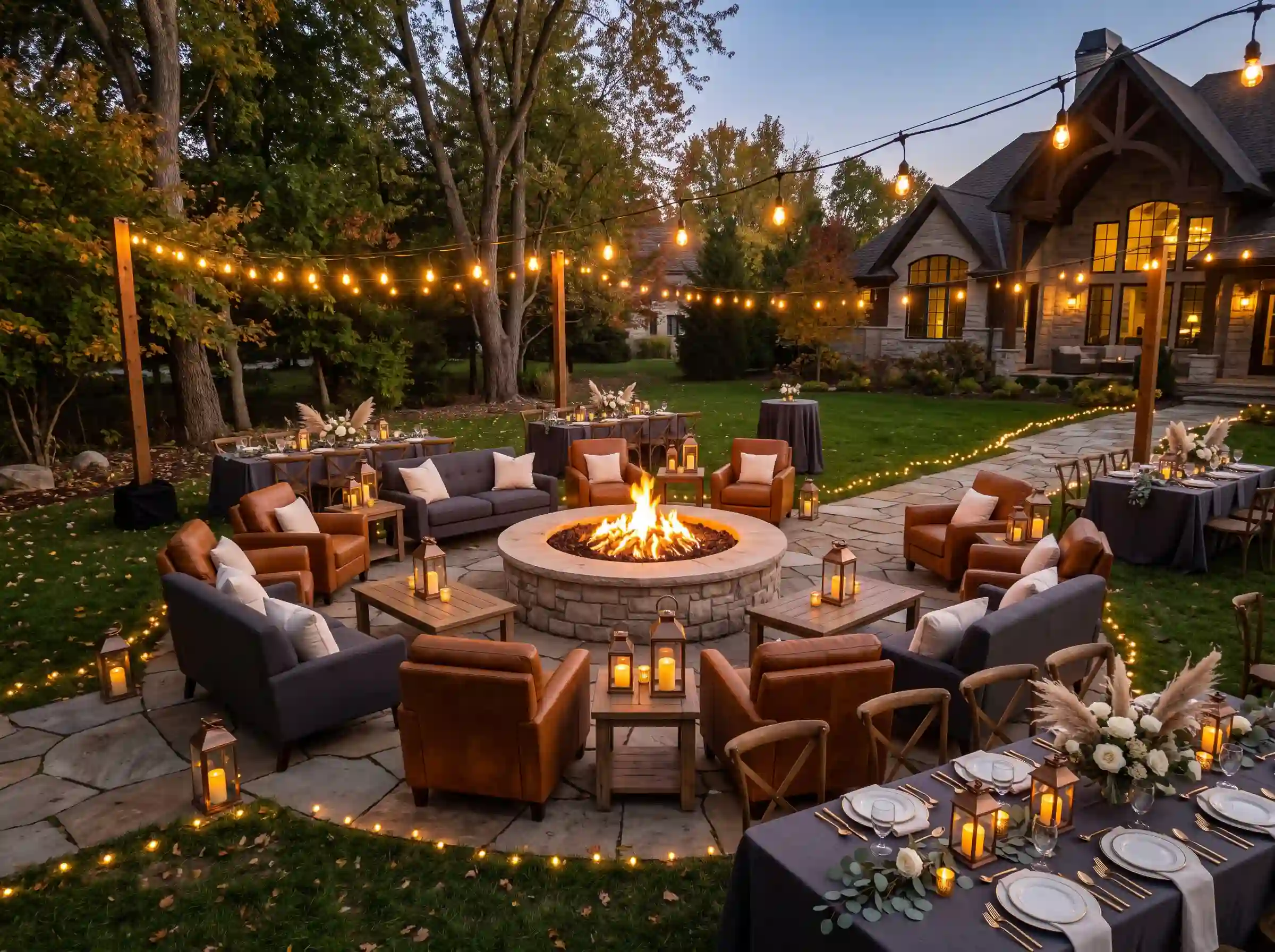 Cozy autumn backyard wedding reception with stone fire pit, leather and upholstered lounge furniture, dining tables with dark linens, pampas grass arrangements, lanterns, and warm string lights near a stone estate home
