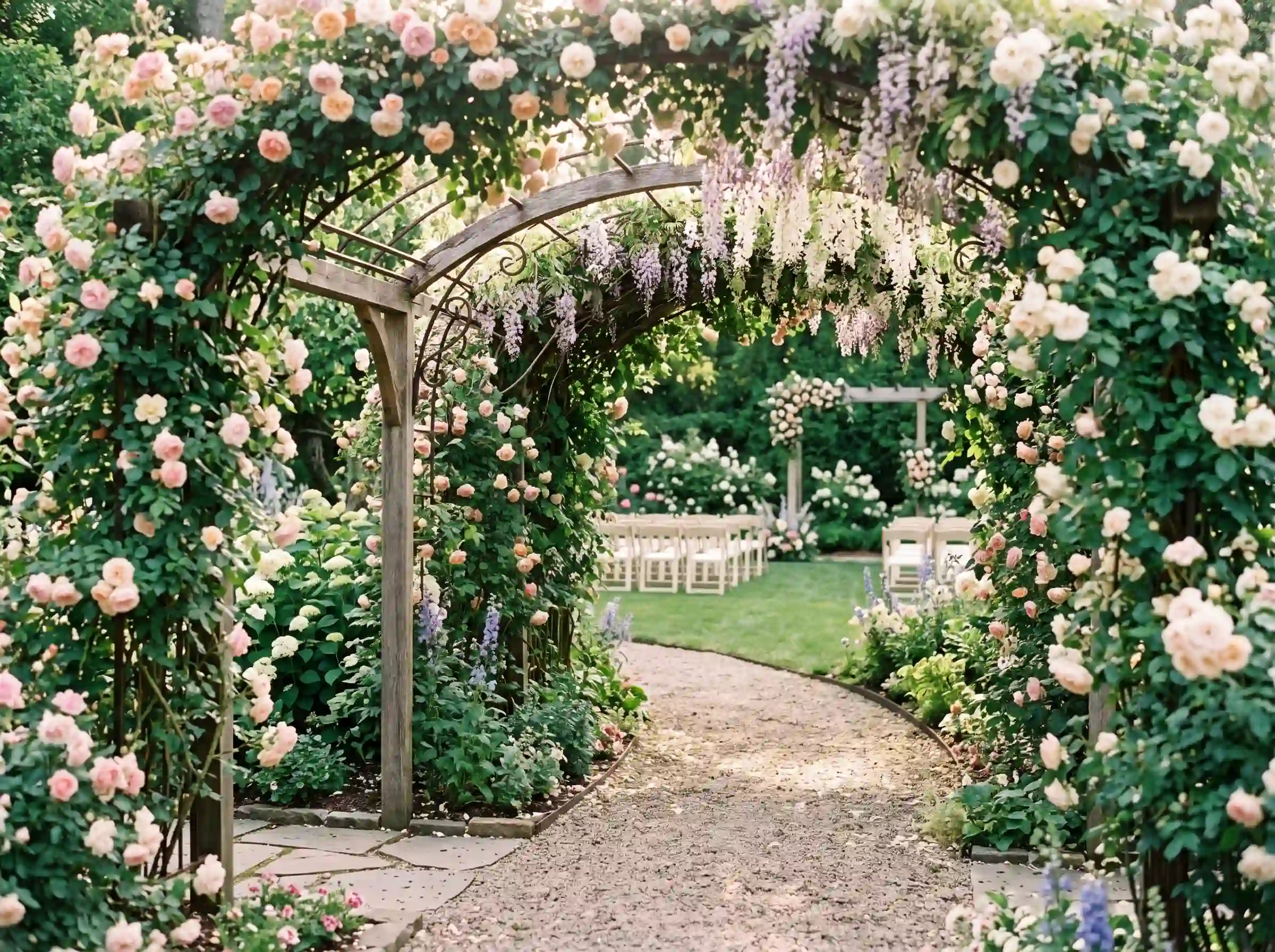 Enchanting backyard wedding secret garden floral tunnel with climbing roses, wisteria, and lush greenery arching over a gravel path leading to a ceremony area with white chairs