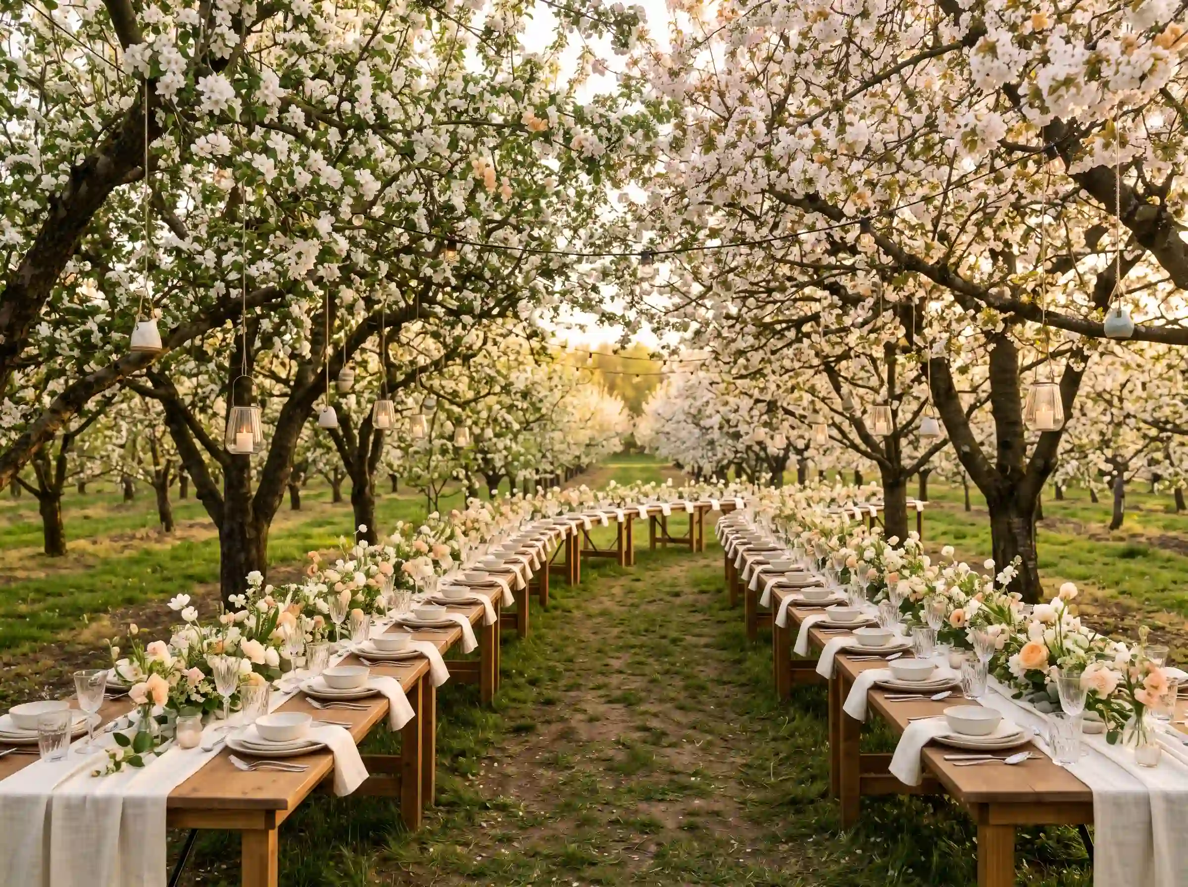Magical orchard backyard wedding reception with long wooden tables under blooming cherry blossom trees, hanging ceramic lanterns, white and peach floral centerpieces, bench seating, and golden sunset light