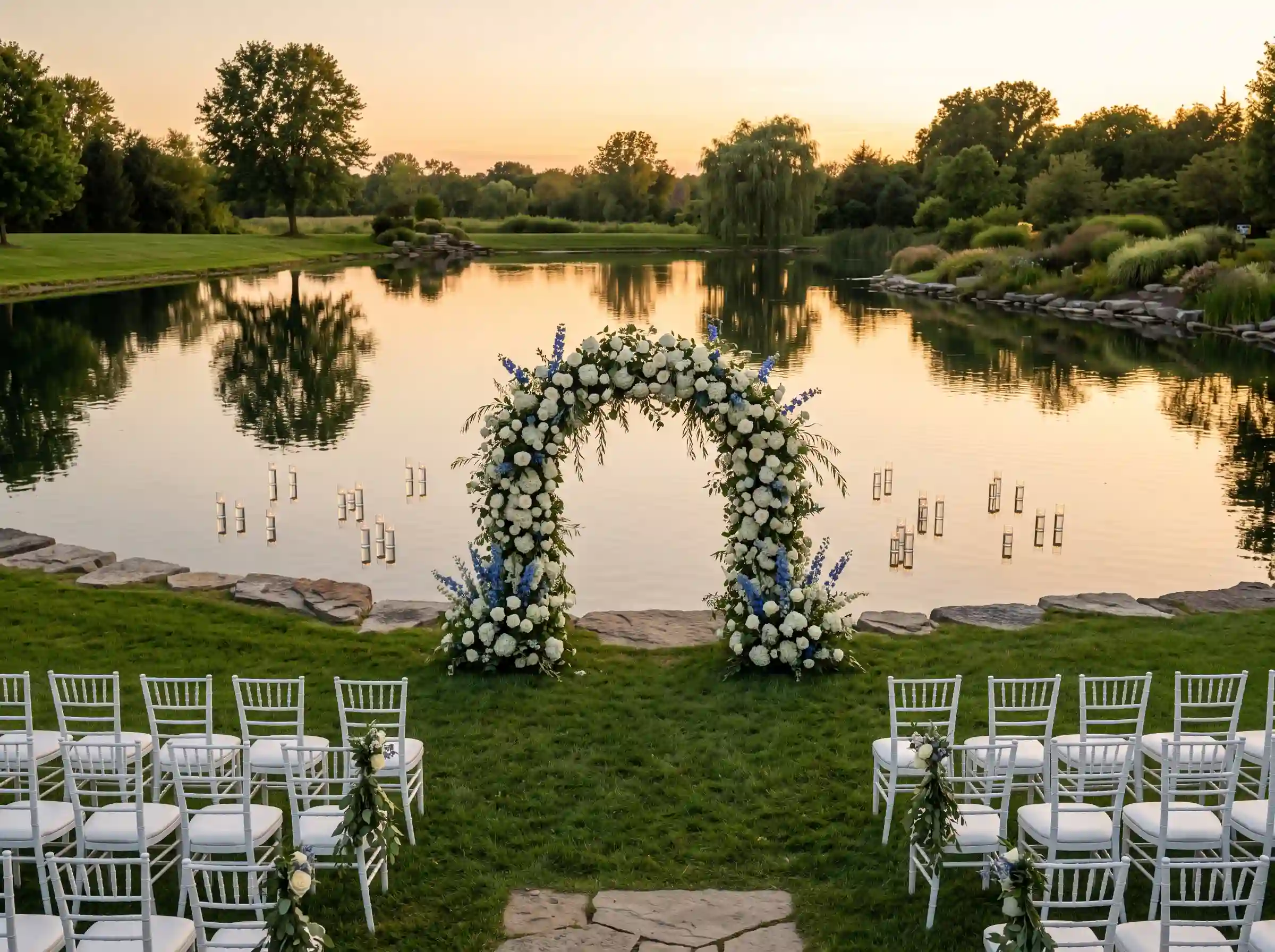 Serene lakeside backyard wedding ceremony with a white and blue floral arch on the water's edge, white chiavari chairs on a green lawn, floating candles on the lake, and a golden sunset reflecting on the water