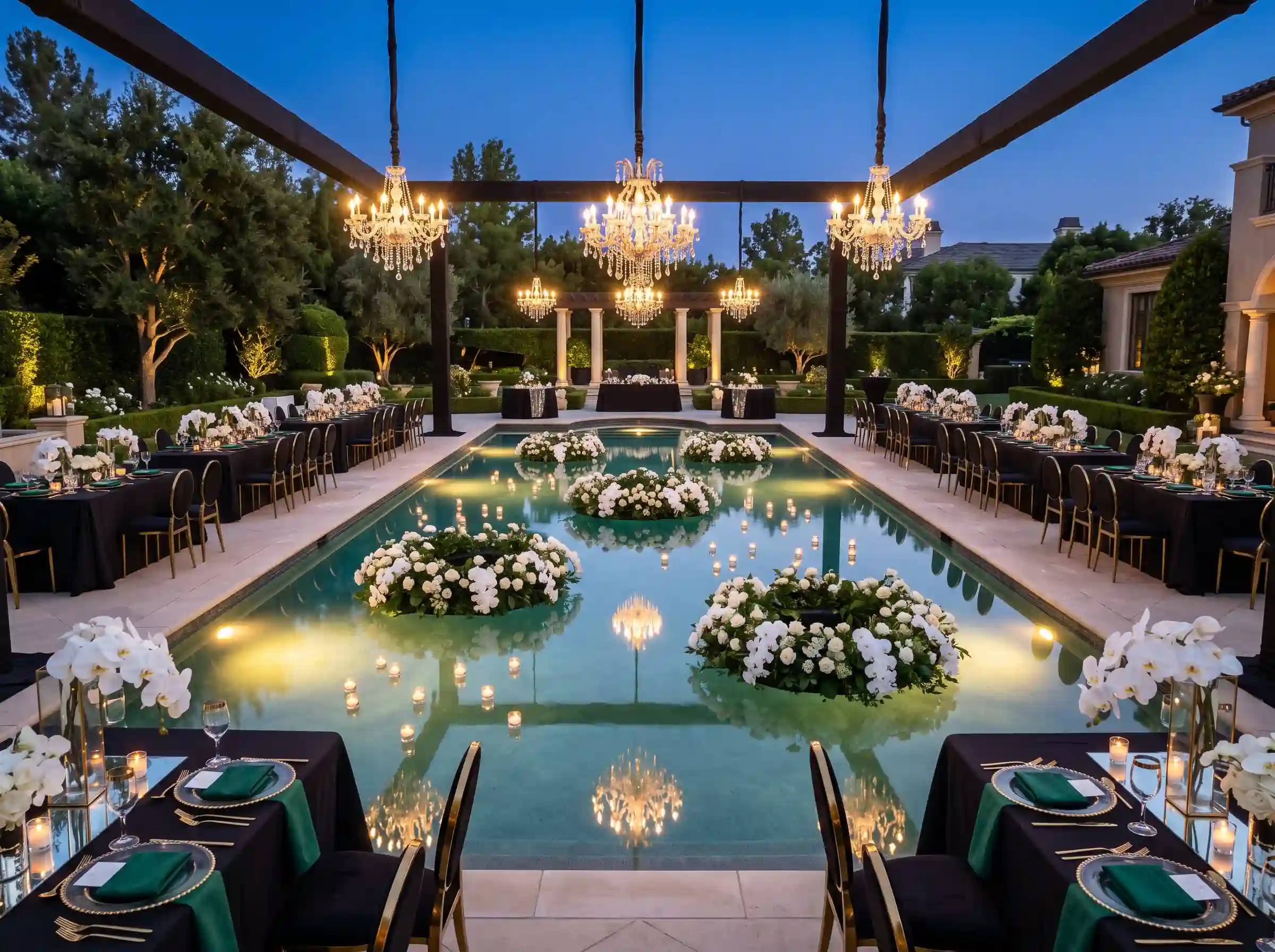 Luxurious poolside backyard wedding reception with black linens, emerald green napkins, gold chairs, crystal chandeliers suspended from a dark pergola, floating white floral arrangements and candles in a turquoise pool