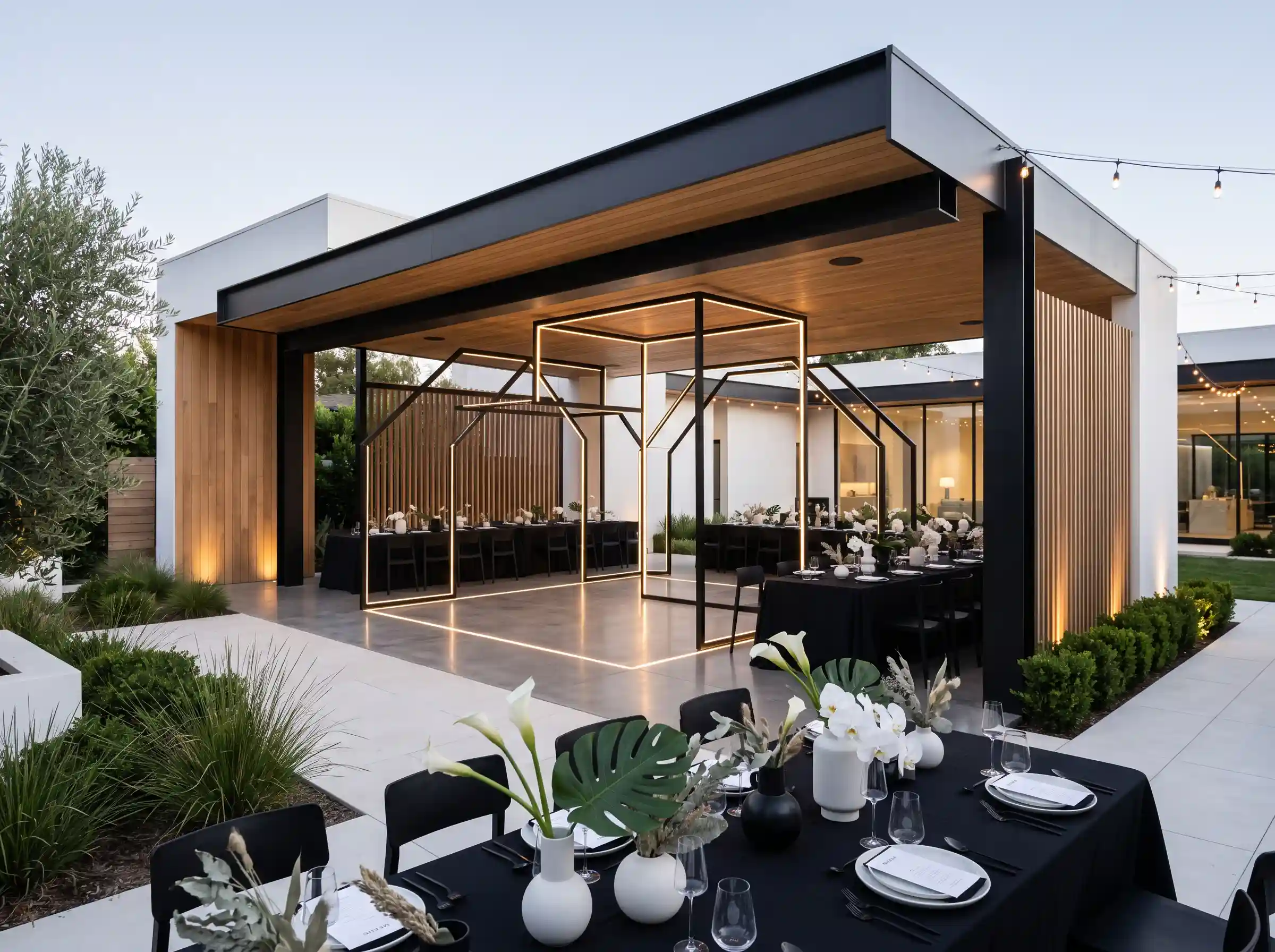 Ultra-modern backyard wedding reception under a contemporary flat-roof pavilion with warm wood ceiling, black tables, geometric gold light sculptures, white orchid and monstera centerpieces, and architectural landscaping