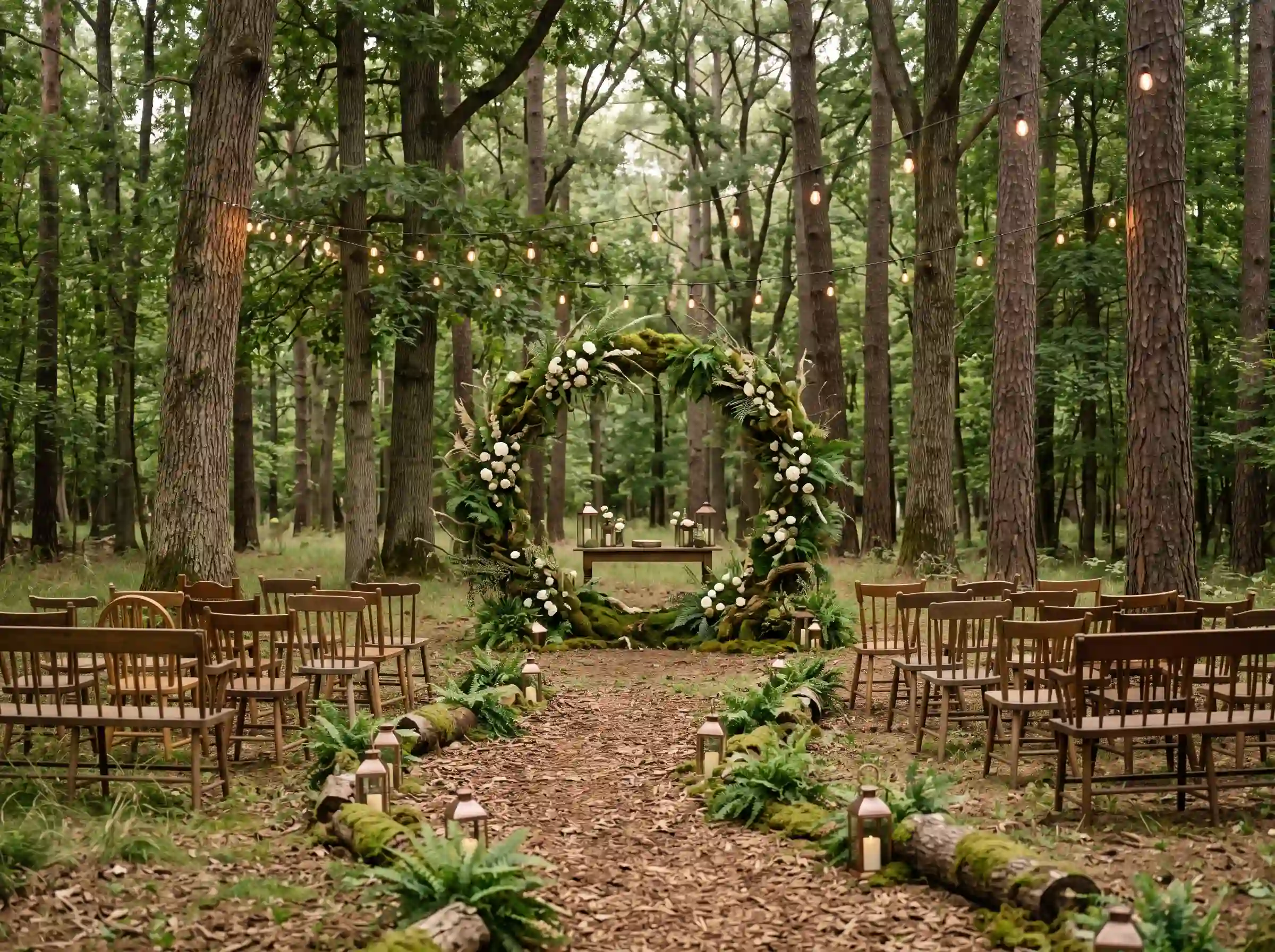 Enchanted woodland backyard wedding ceremony in a forest clearing with a circular moss and fern arbor, wooden chairs, moss-covered log aisle borders, copper lanterns, hanging Edison bulbs, and dappled natural light