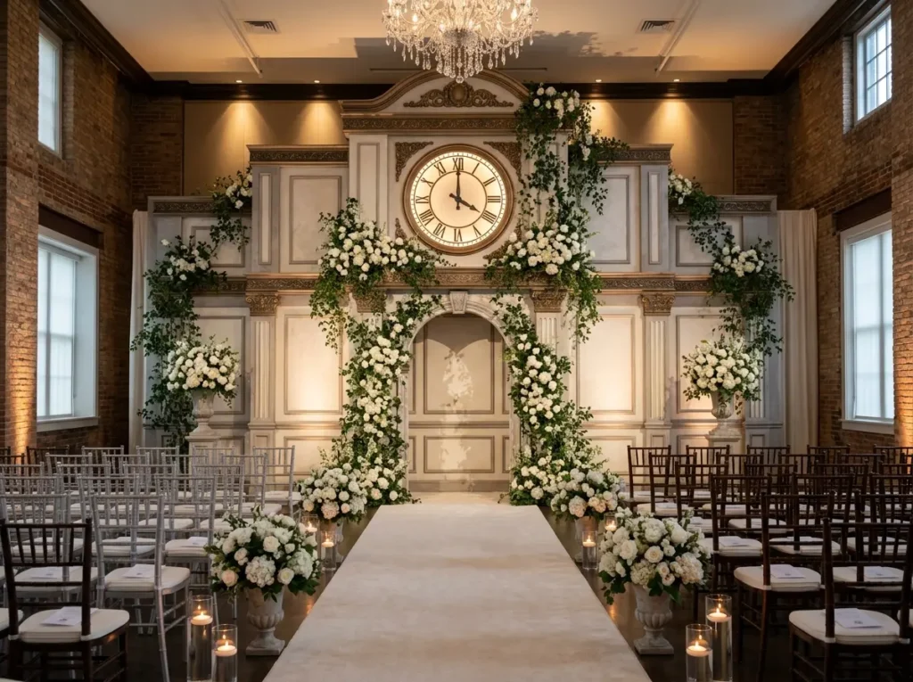 Clock tower wedding ceremony bac…