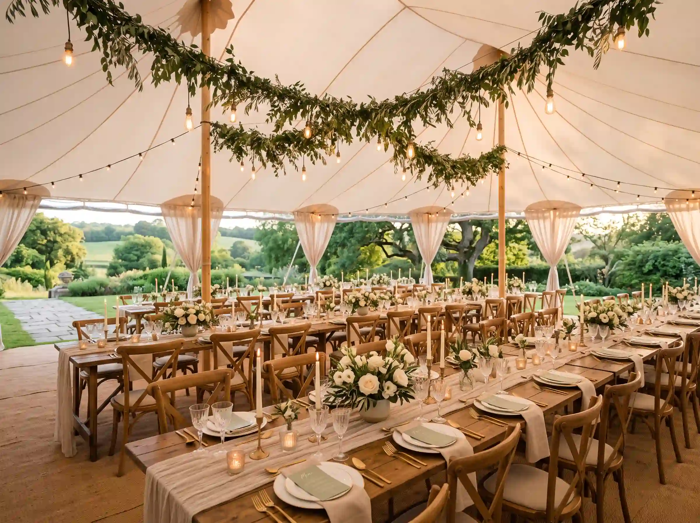 Elegant outdoor wedding reception under sailcloth tent with champagne and sage green table settings