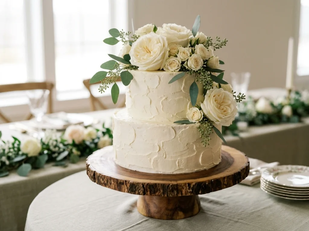 Heirloom cake with roses eucalyptus