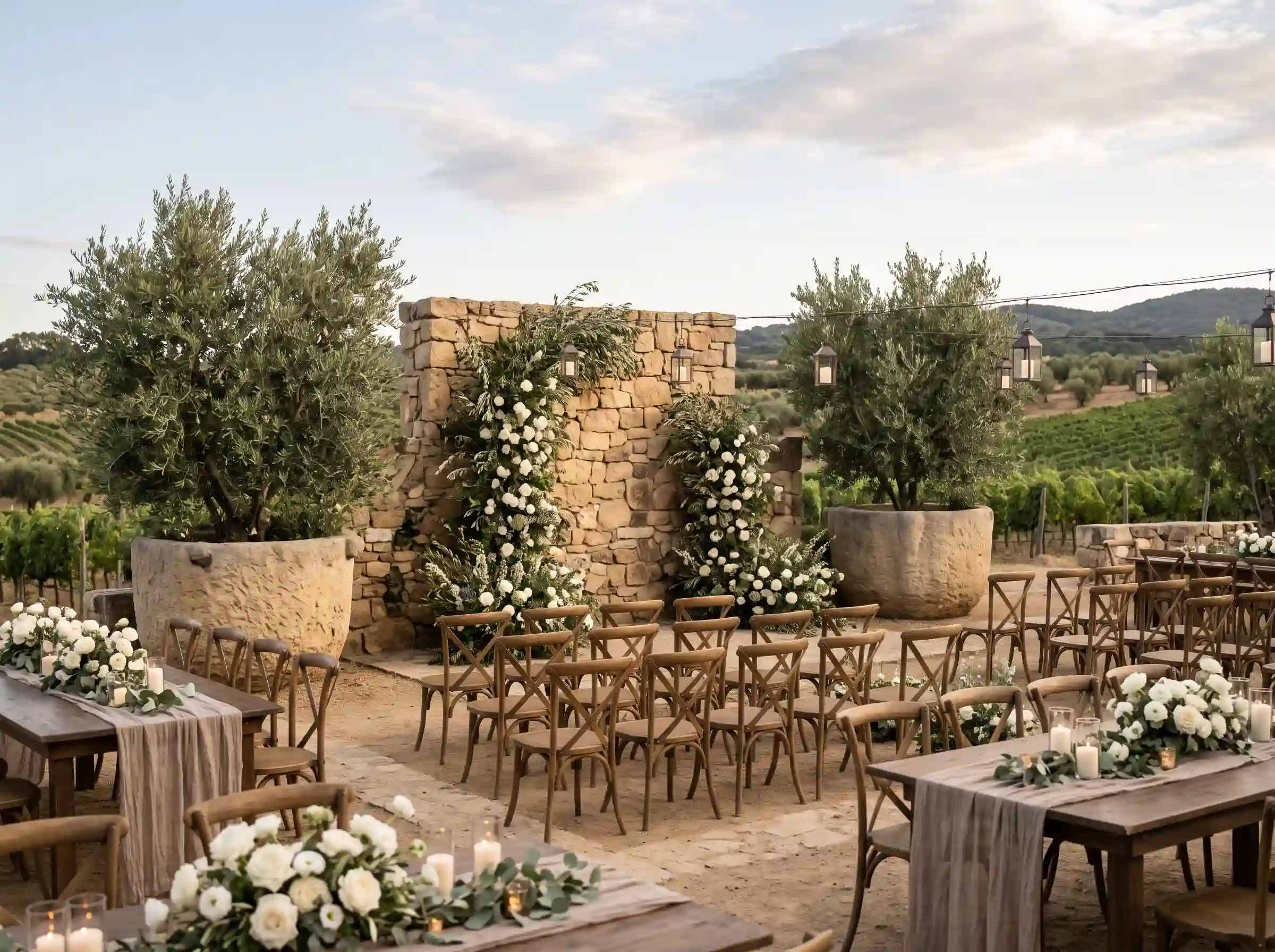 Rustic vineyard wedding ceremony with stone wall backdrop and olive trees in large planters